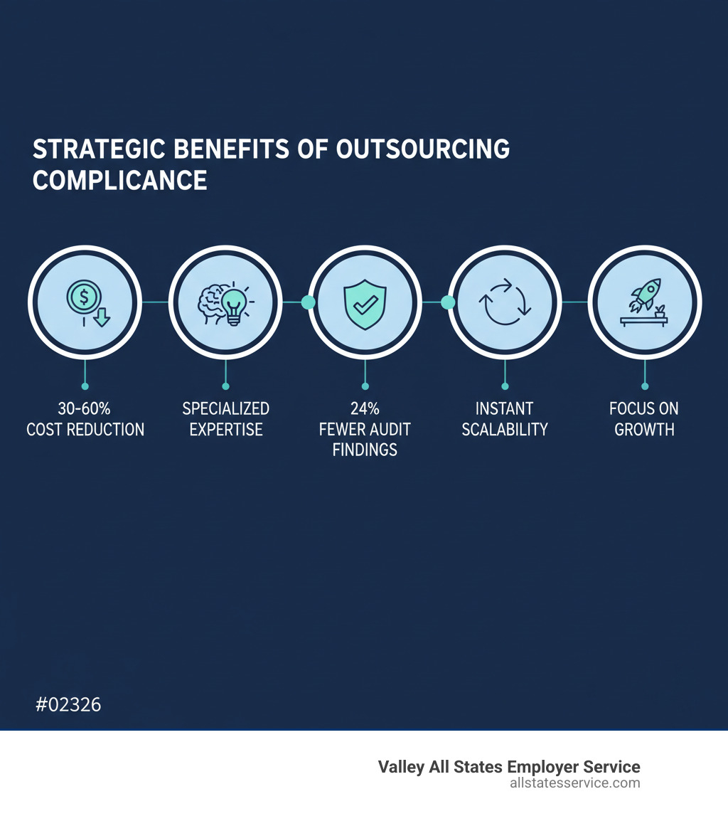 Infographic showing the strategic benefits of outsourcing compliance: 30-60% cost reduction, access to specialized expertise, 24% fewer audit findings, instant scalability, and freedom to focus on core business growth - benefits of outsourcing compliance infographic 
