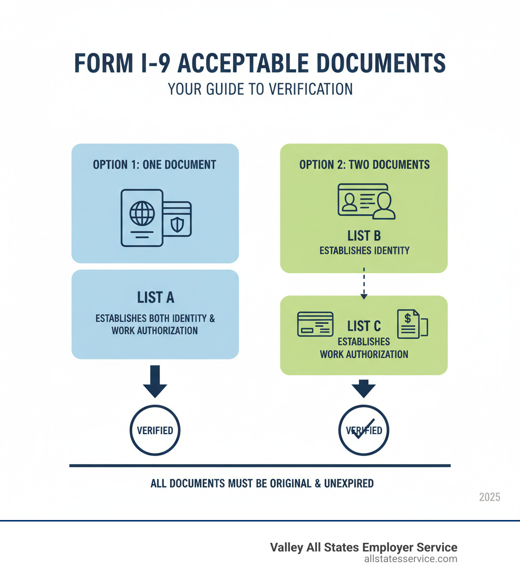 Infographic showing the choice between one List A document establishing both identity and employment authorization, or a combination of one List B document for identity plus one List C document for employment authorization, with icons representing each document type and arrows showing the two acceptable paths for verification - Acceptable I-9 documents infographic Infographic showing the choice between one List A document establishing both identity and employment authorization, or a combination of one List B document for identity plus one List C document for employment authorization, with icons representing each document type and arrows showing the two acceptable paths for verification - Acceptable I-9 documents infographic