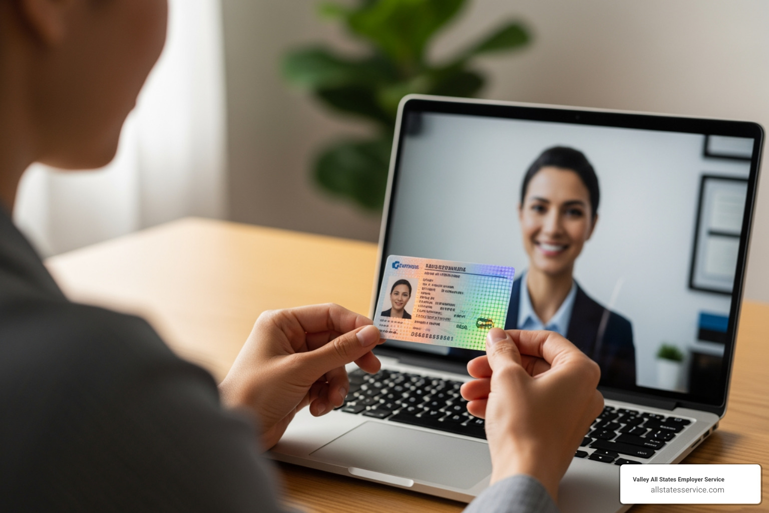 Person on a video call holding up their ID to a laptop screen - Acceptable I-9 documents Person on a video call holding up their ID to a laptop screen - Acceptable I-9 documents