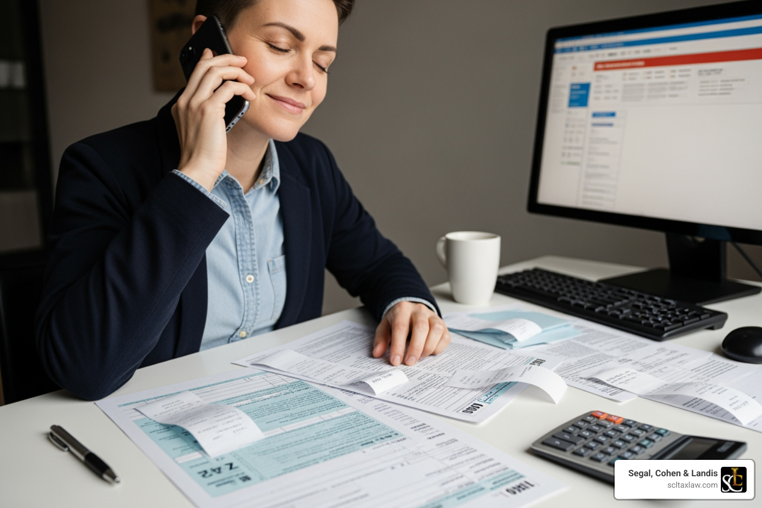 Person on the phone looking relieved, with documents spread out - IRS tax levy release