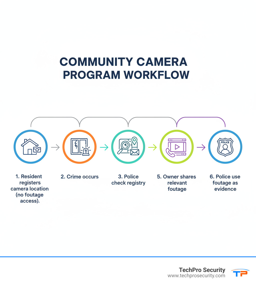 Community Camera Program Workflow: 1. Resident registers camera location with police department (no footage access granted). 2. Crime occurs in the neighborhood. 3. Police check registry for nearby cameras. 4. Officer contacts camera owner by phone or email. 5. Owner voluntarily reviews and shares relevant footage. 6. Police use footage as evidence to identify suspects and solve crimes. - community camera infographic 