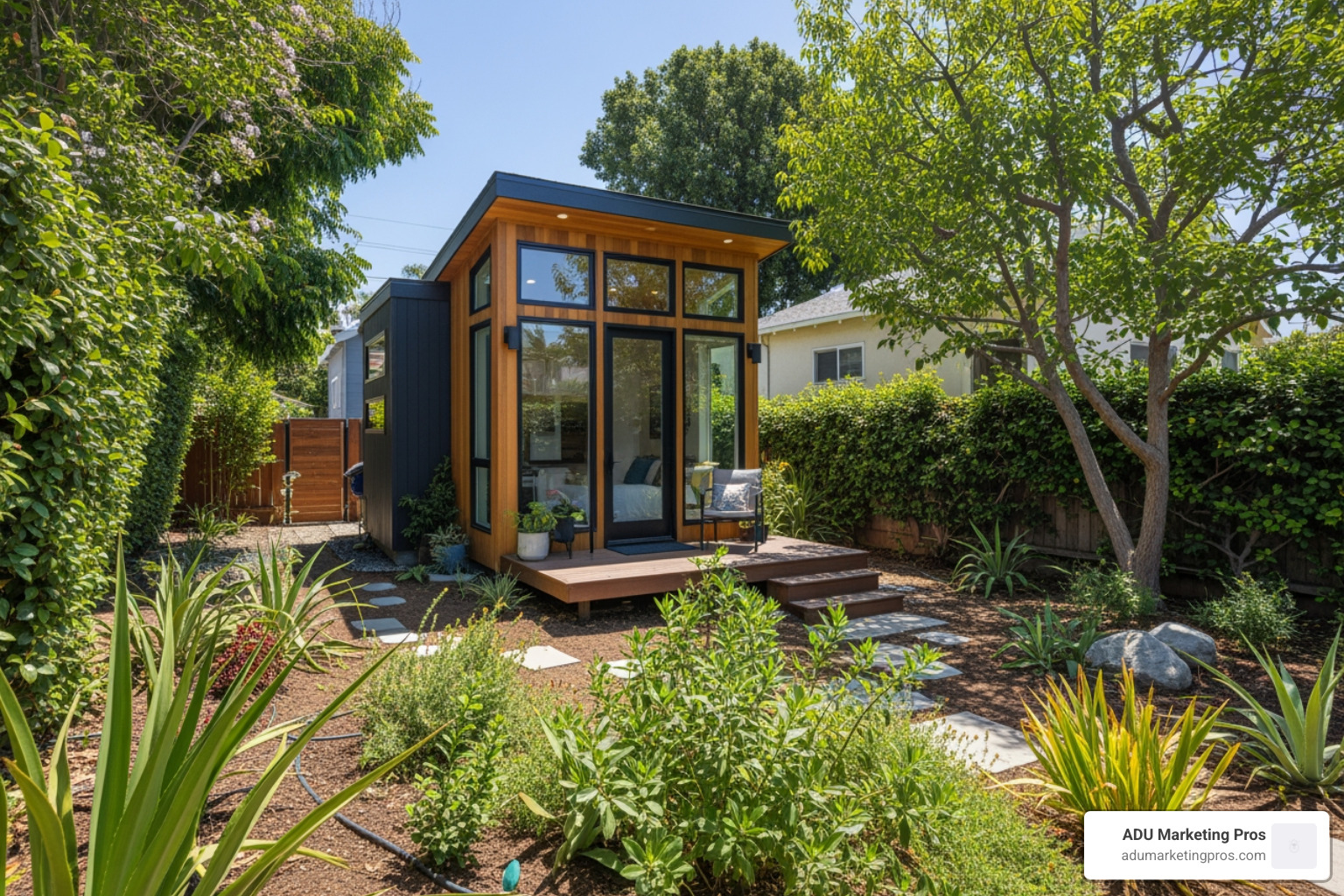 A stylish, compact modular ADU in a lush Los Angeles backyard, used as a home office or guest suite