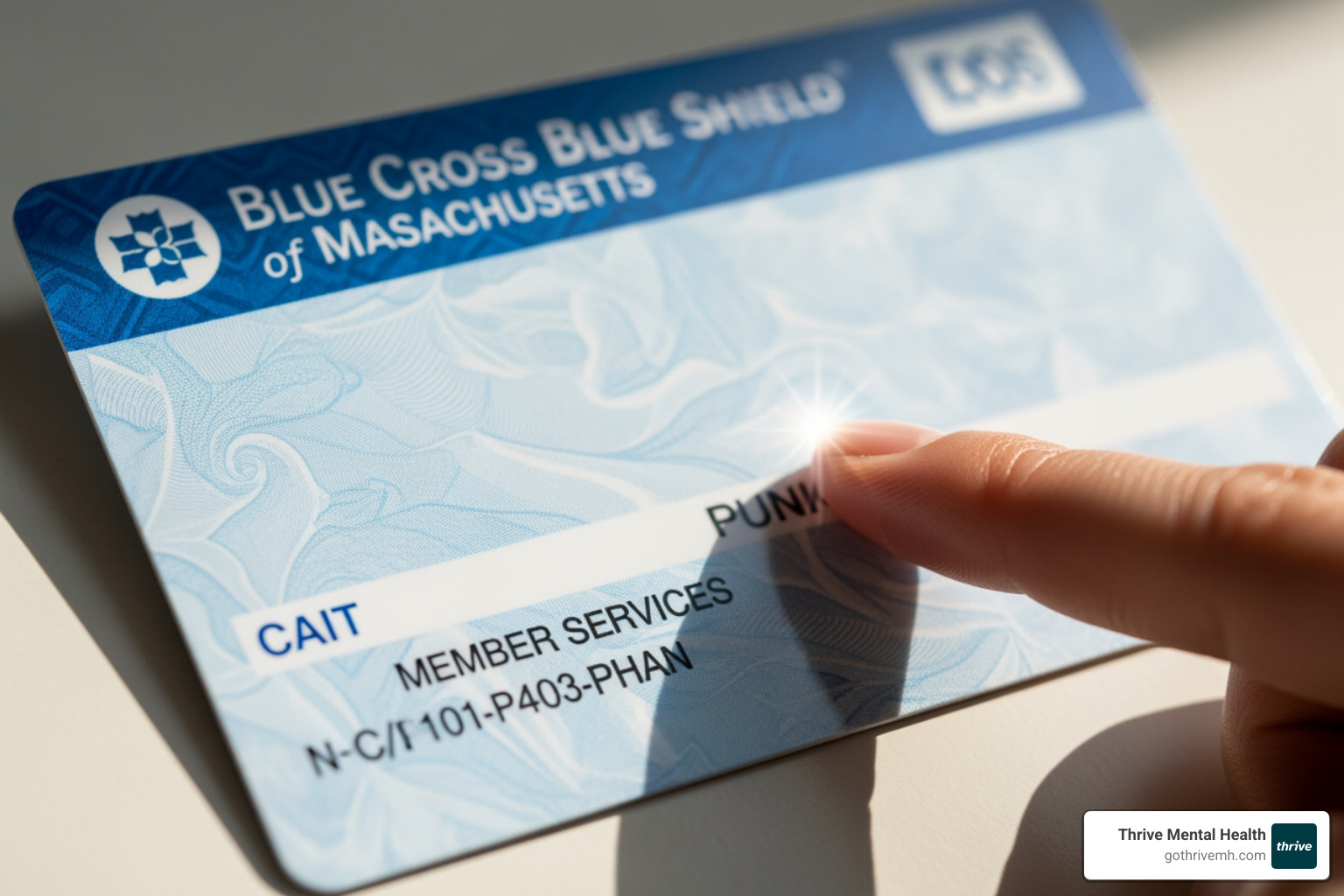 Blue Cross Massachusetts insurance card with member services number highlighted. - Find mental health providers in Massachusetts that accept Blue Cross Massachusetts.