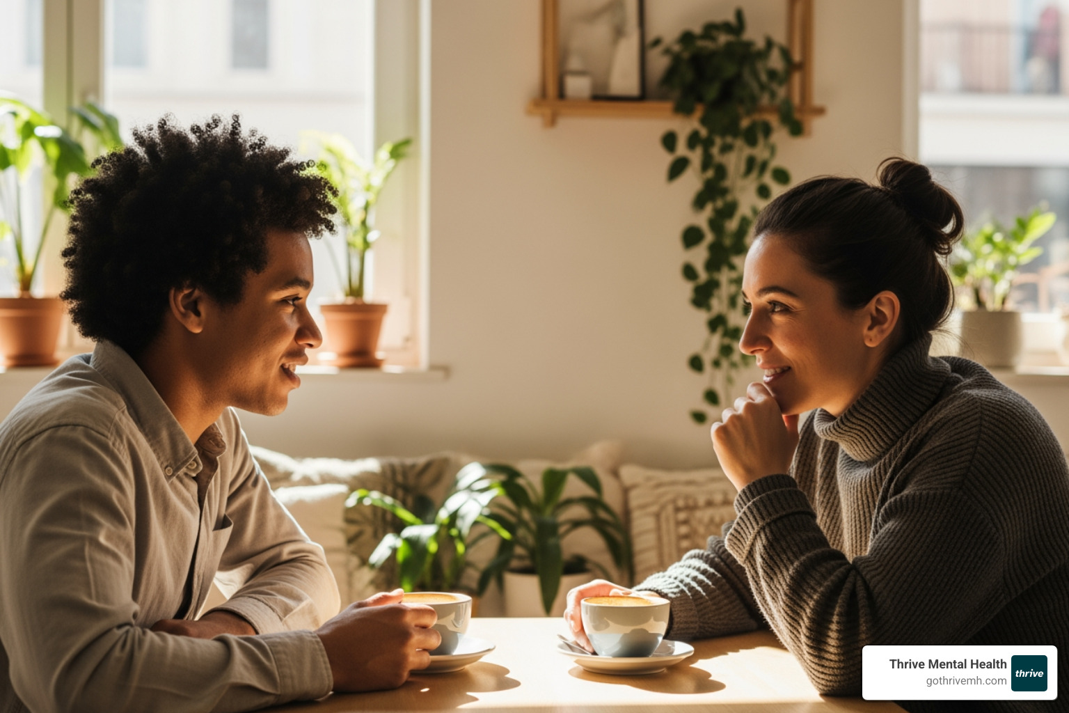 Two people talking over coffee, alt: "Supporting a loved one with trauma and psychosis in Florida" - I'm worried about the link between trauma and schizophrenia. Where can I find an assessment program in Florida?