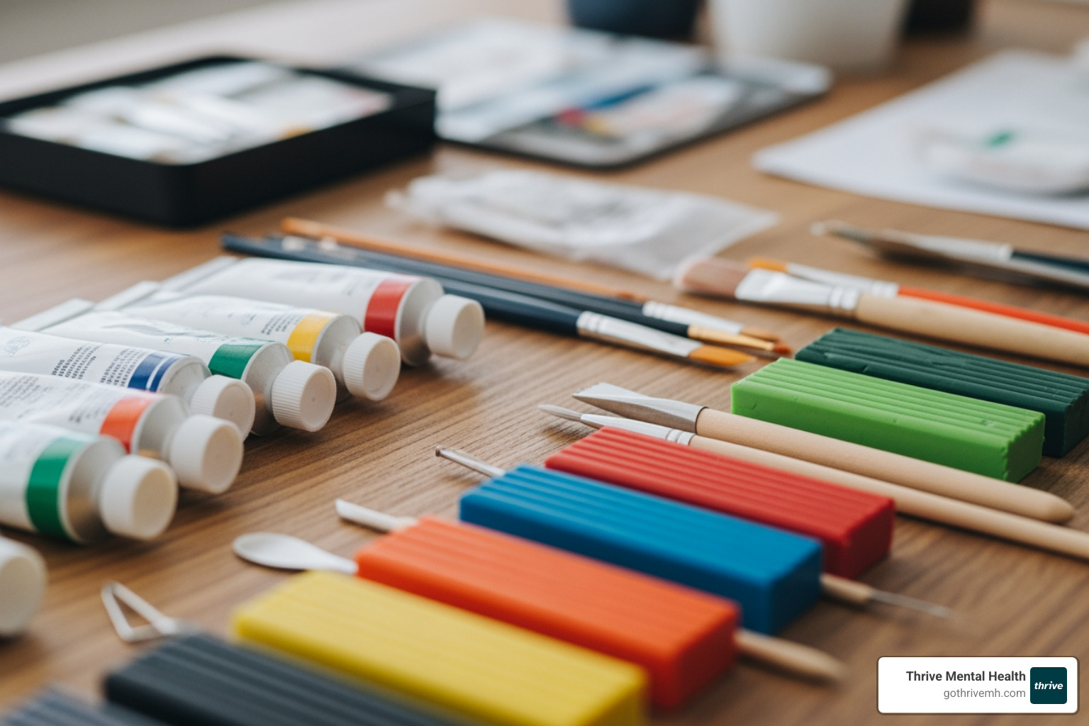 Art supplies like paint, brushes, and clay arranged on a wooden table, ready for a creative session - Find a therapist who can suggest an art therapy activity for a teenager with depression. Art supplies like paint, brushes, and clay arranged on a wooden table, ready for a creative session - Find a therapist who can suggest an art therapy activity for a teenager with depression.