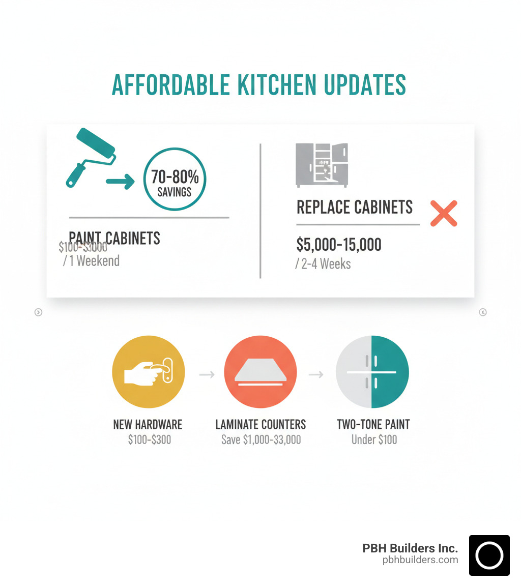 Infographic showing cost comparison: Painting existing cabinets costs $100-$300 in materials and takes one weekend, resulting in a 70-80% cost savings compared to replacing cabinets at $5,000-$15,000 which takes 2-4 weeks. Additional budget-friendly options shown include updating hardware for $100-$300, choosing compact laminate countertops to save $1,000-$3,000, and using two-tone paint schemes for under $100. - Affordable kitchen design ideas infographic Infographic showing cost comparison: Painting existing cabinets costs $100-$300 in materials and takes one weekend, resulting in a 70-80% cost savings compared to replacing cabinets at $5,000-$15,000 which takes 2-4 weeks. Additional budget-friendly options shown include updating hardware for $100-$300, choosing compact laminate countertops to save $1,000-$3,000, and using two-tone paint schemes for under $100. - Affordable kitchen design ideas infographic