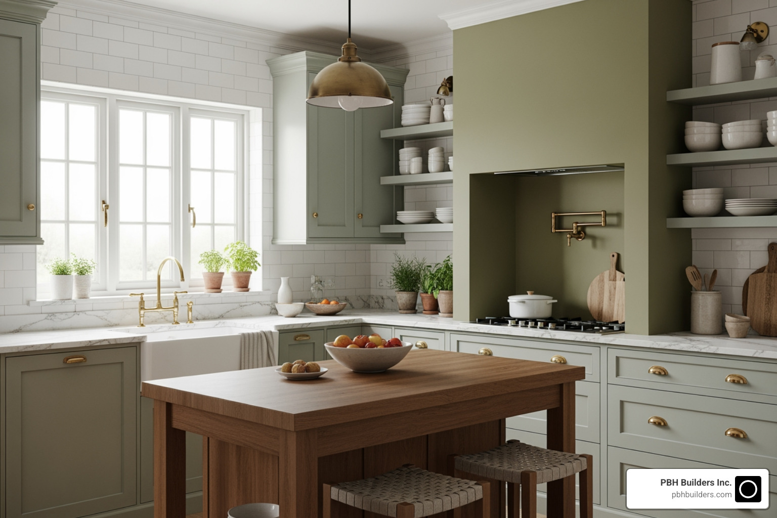 kitchen with a muted green color palette and strategically painted accent wall - Affordable kitchen design ideas kitchen with a muted green color palette and strategically painted accent wall - Affordable kitchen design ideas