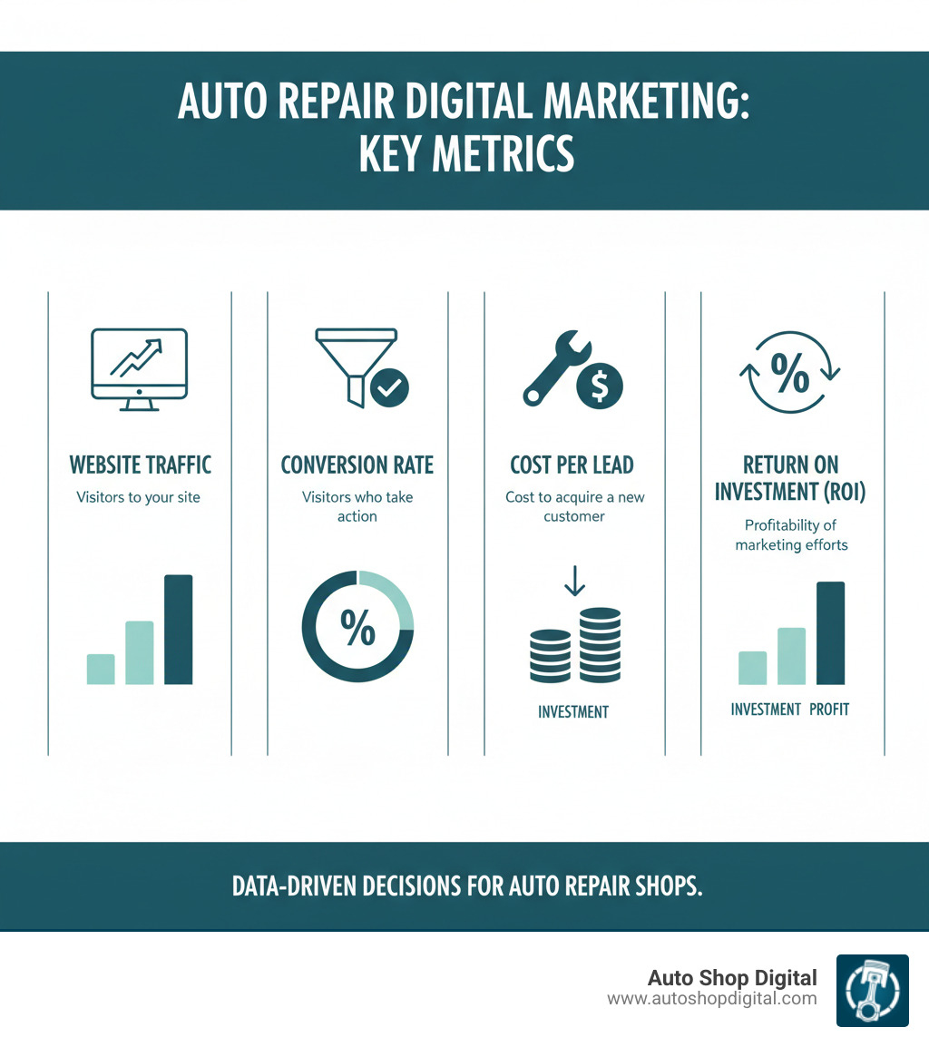 Infographic comparing key marketing metrics for auto repair shops including website traffic, conversion rate, cost per lead, and ROI - auto repair digital marketing infographic Infographic comparing key marketing metrics for auto repair shops including website traffic, conversion rate, cost per lead, and ROI - auto repair digital marketing infographic