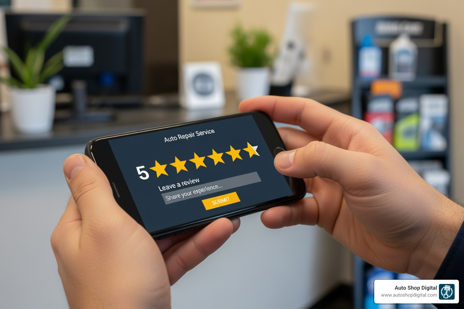 Customer leaving a 5-star review on their phone for an auto repair shop - auto repair digital marketing Customer leaving a 5-star review on their phone for an auto repair shop - auto repair digital marketing