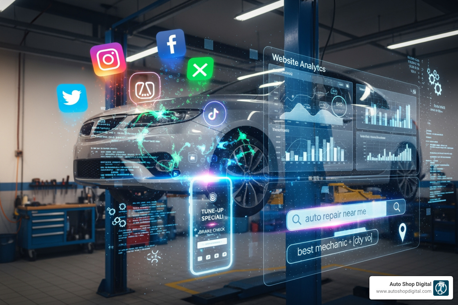 Email newsletter from an auto repair shop on a laptop screen, showing service reminders and special offers - auto repair digital marketing Email newsletter from an auto repair shop on a laptop screen, showing service reminders and special offers - auto repair digital marketing