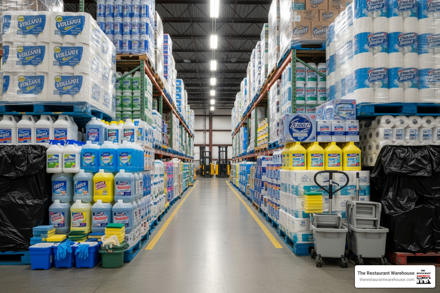 pallets stacked with bulk janitorial products in a warehouse - wholesale janitorial supplies pallets stacked with bulk janitorial products in a warehouse - wholesale janitorial supplies