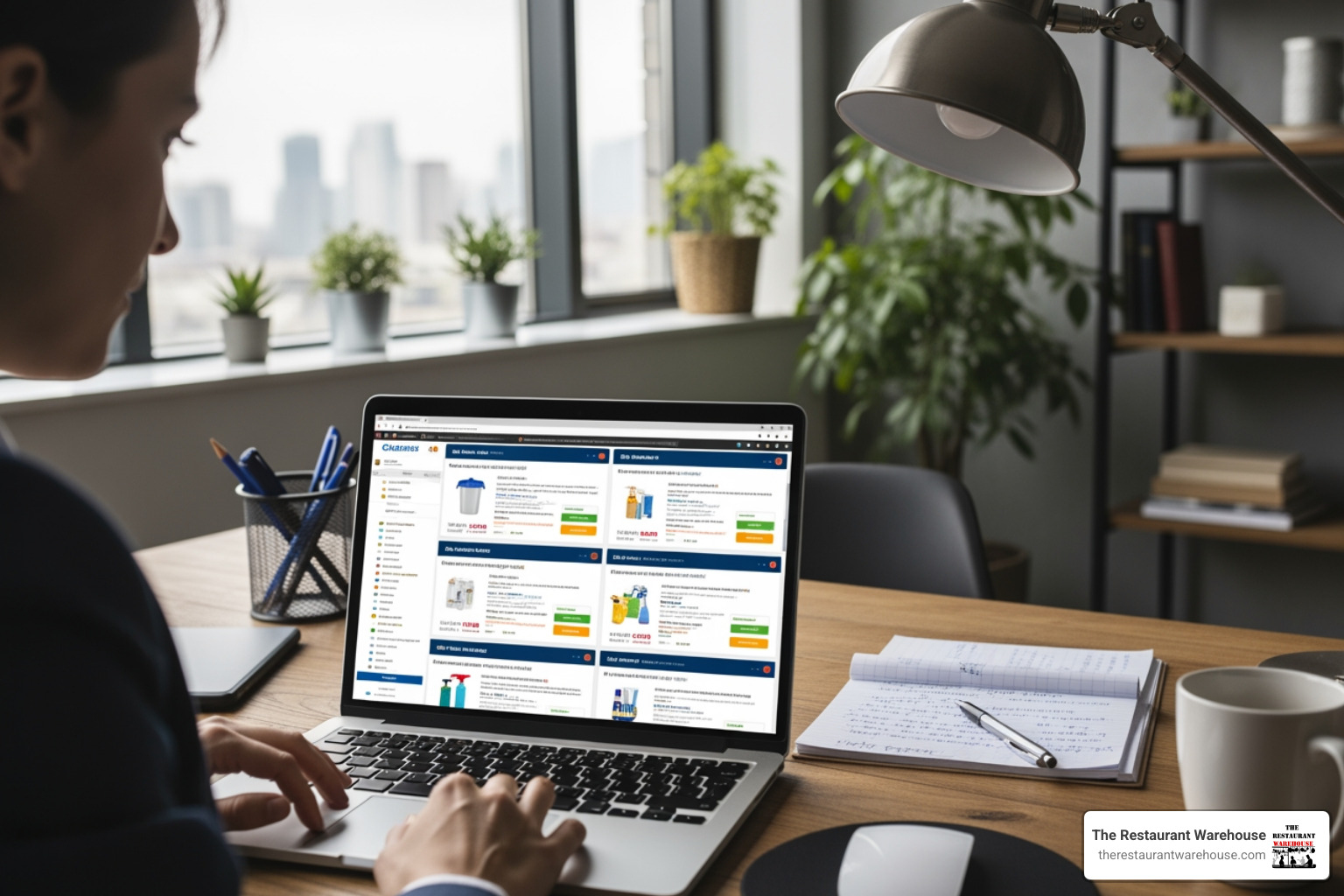 person comparing janitorial supply websites on a laptop - wholesale janitorial supplies person comparing janitorial supply websites on a laptop - wholesale janitorial supplies