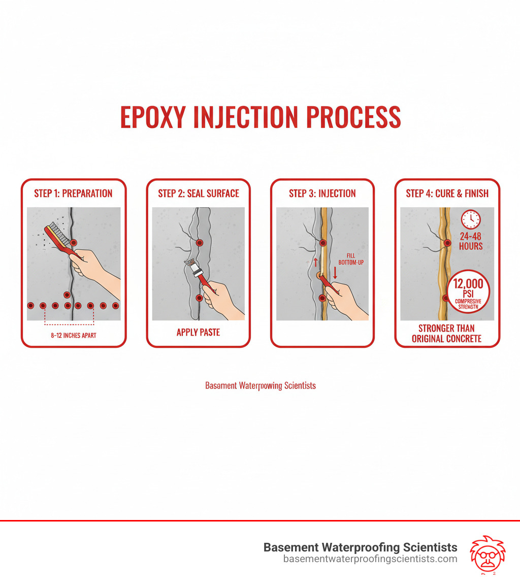 Infographic showing the epoxy injection process: Step 1 shows cleaning the crack and installing injection ports spaced 8-12 inches apart along a vertical crack. Step 2 shows applying surface seal paste over the crack between ports. Step 3 shows injecting two-part epoxy resin from the bottom port upward until it flows from the next port. Step 4 shows the cured repair after 24-48 hours with ports removed and surface ground smooth. Includes callout showing epoxy compressive strength of 12,000 PSI and notation that repairs are stronger than original concrete. - concrete wall crack repair epoxy injection infographic Infographic showing the epoxy injection process: Step 1 shows cleaning the crack and installing injection ports spaced 8-12 inches apart along a vertical crack. Step 2 shows applying surface seal paste over the crack between ports. Step 3 shows injecting two-part epoxy resin from the bottom port upward until it flows from the next port. Step 4 shows the cured repair after 24-48 hours with ports removed and surface ground smooth. Includes callout showing epoxy compressive strength of 12,000 PSI and notation that repairs are stronger than original concrete. - concrete wall crack repair epoxy injection infographic