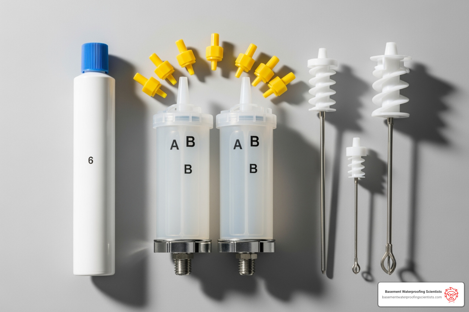 Standard epoxy injection kit with all tools laid out (cartridges, ports, surface sealer, mixer nozzles) - concrete wall crack repair epoxy injection Standard epoxy injection kit with all tools laid out (cartridges, ports, surface sealer, mixer nozzles) - concrete wall crack repair epoxy injection