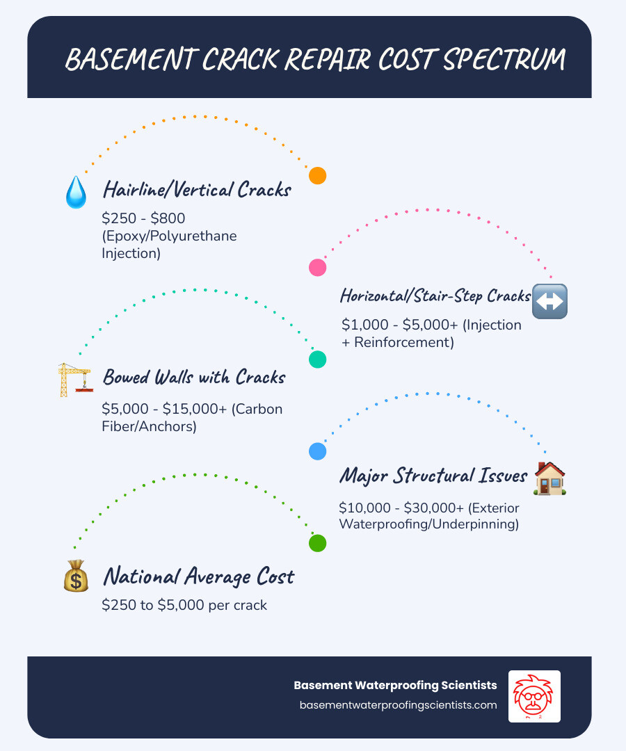 infographic showing basement crack repair cost breakdown from minor hairline cracks at $250-$800 through major structural repairs at $10,000-$30,000+, with icons for injection methods, carbon fiber reinforcement, wall anchors, and exterior waterproofing - basement crack repair cost infographic infographic-line-5-steps-blues-accent_colors infographic showing basement crack repair cost breakdown from minor hairline cracks at $250-$800 through major structural repairs at $10,000-$30,000+, with icons for injection methods, carbon fiber reinforcement, wall anchors, and exterior waterproofing - basement crack repair cost infographic infographic-line-5-steps-blues-accent_colors