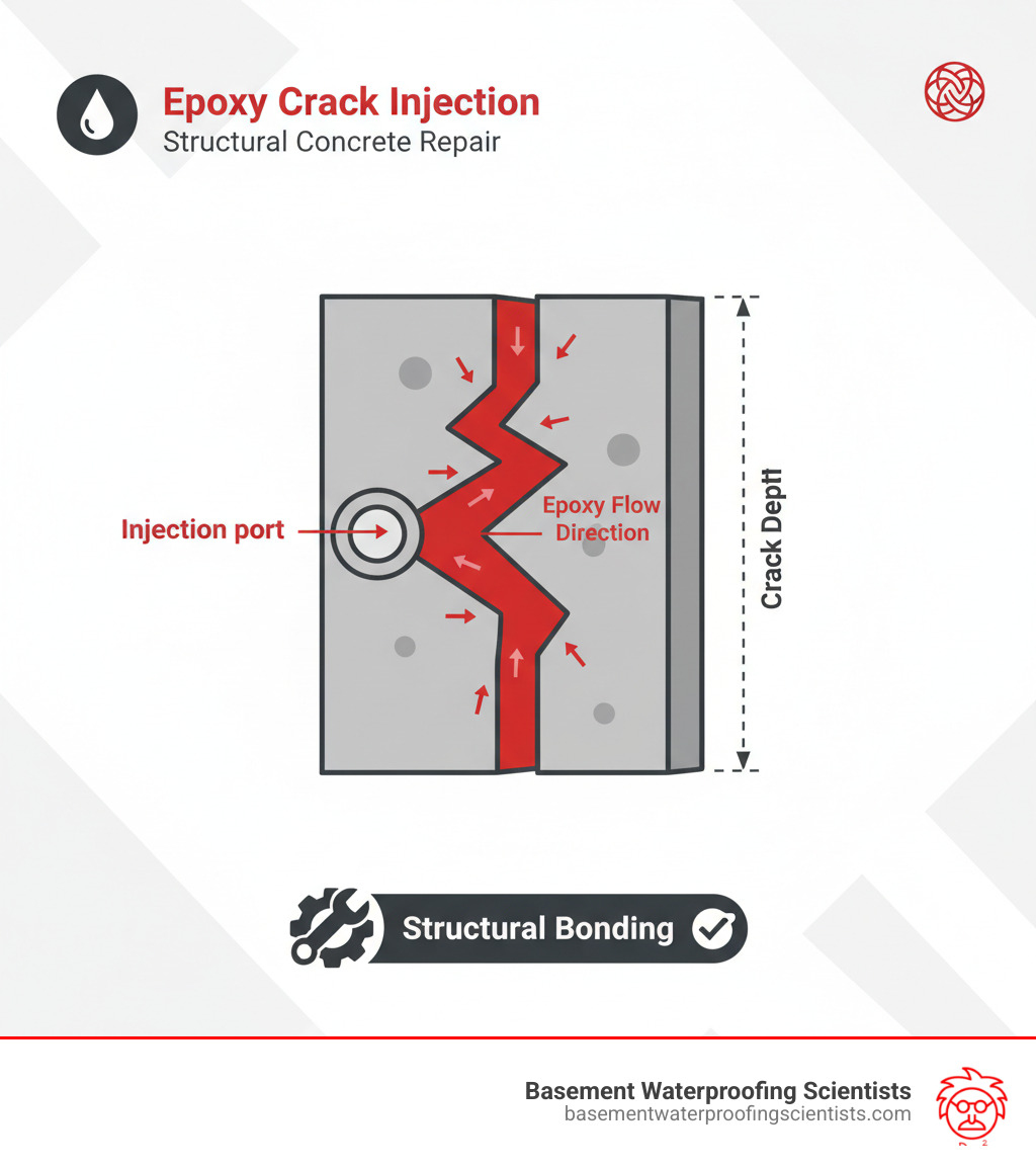 infographic showing cross-section of concrete crack being filled with epoxy resin under pressure, with labels for injection port, epoxy flow direction, crack depth, and structural bonding - epoxy crack injection infographic 