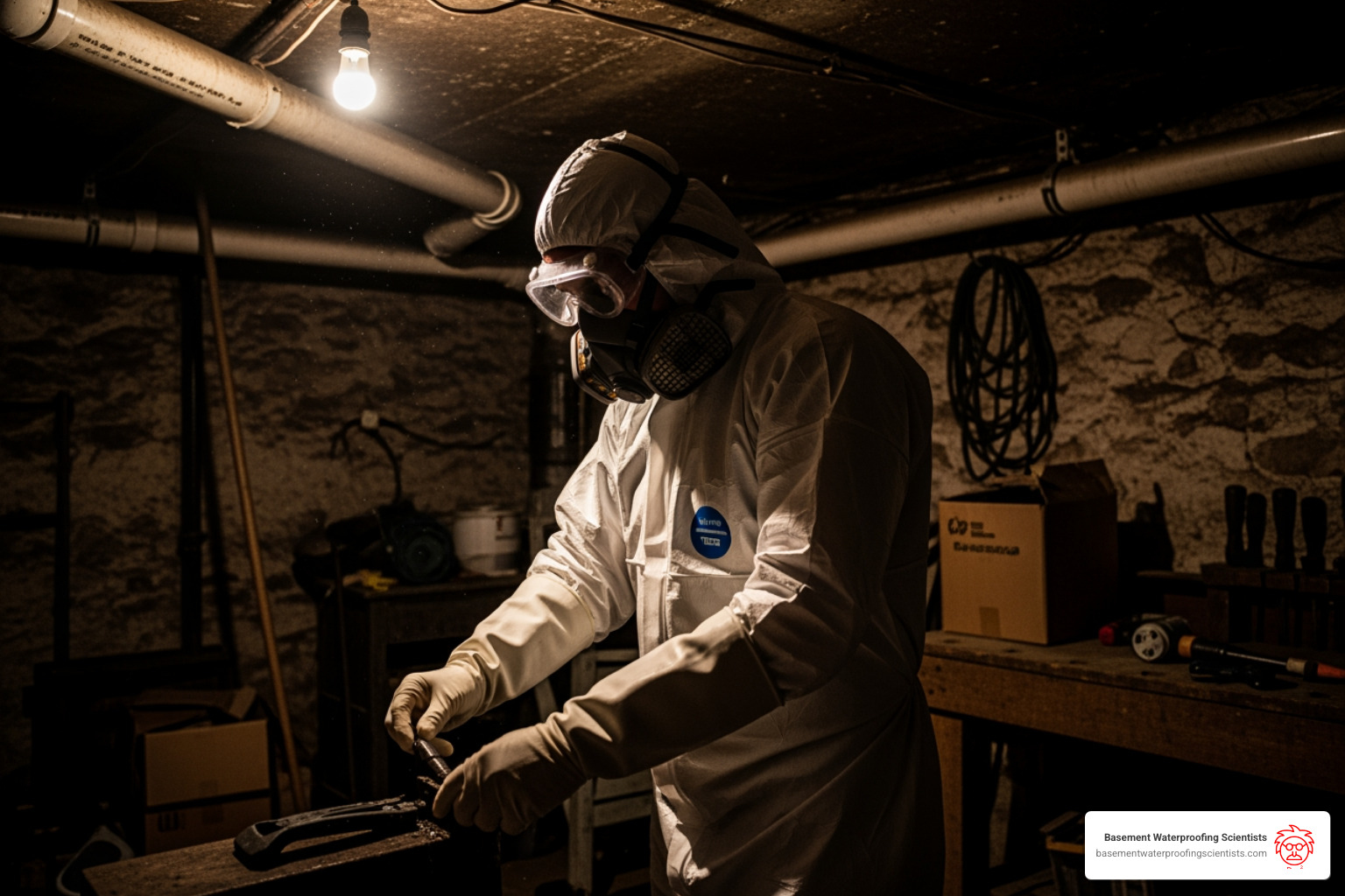 Person wearing full PPE (mask, goggles, gloves) in a basement - basement mold repair