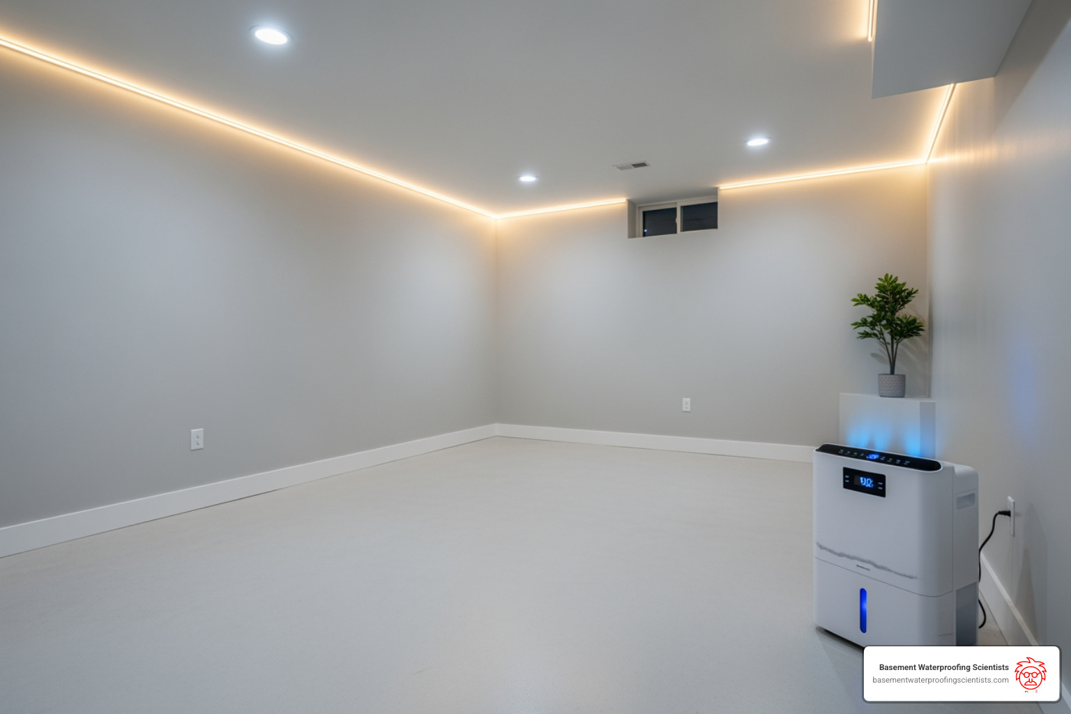 Clean, waterproofed basement with a dehumidifier running - basement mold repair