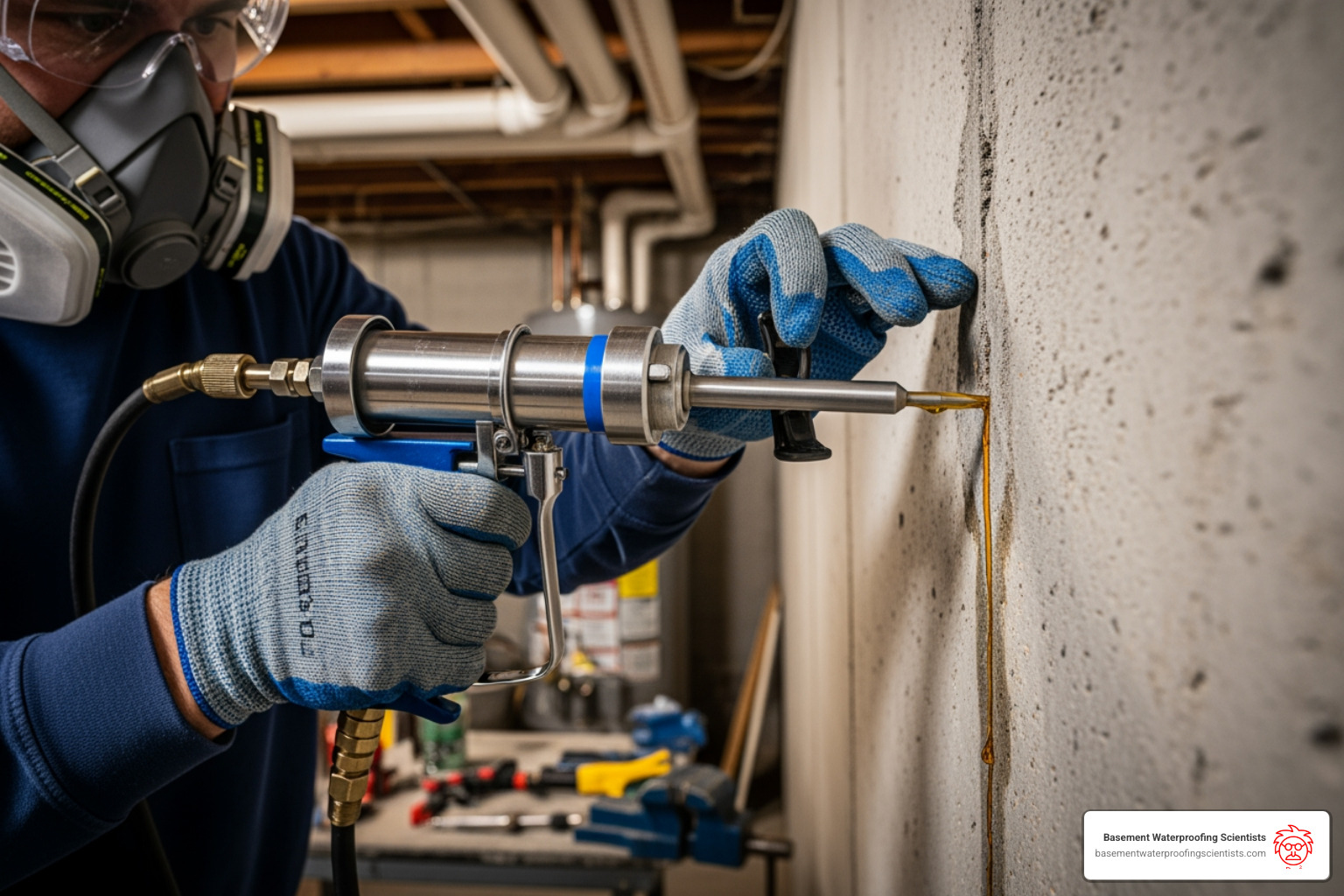 professional technician injecting a crack with specialized equipment - epoxy crack injection