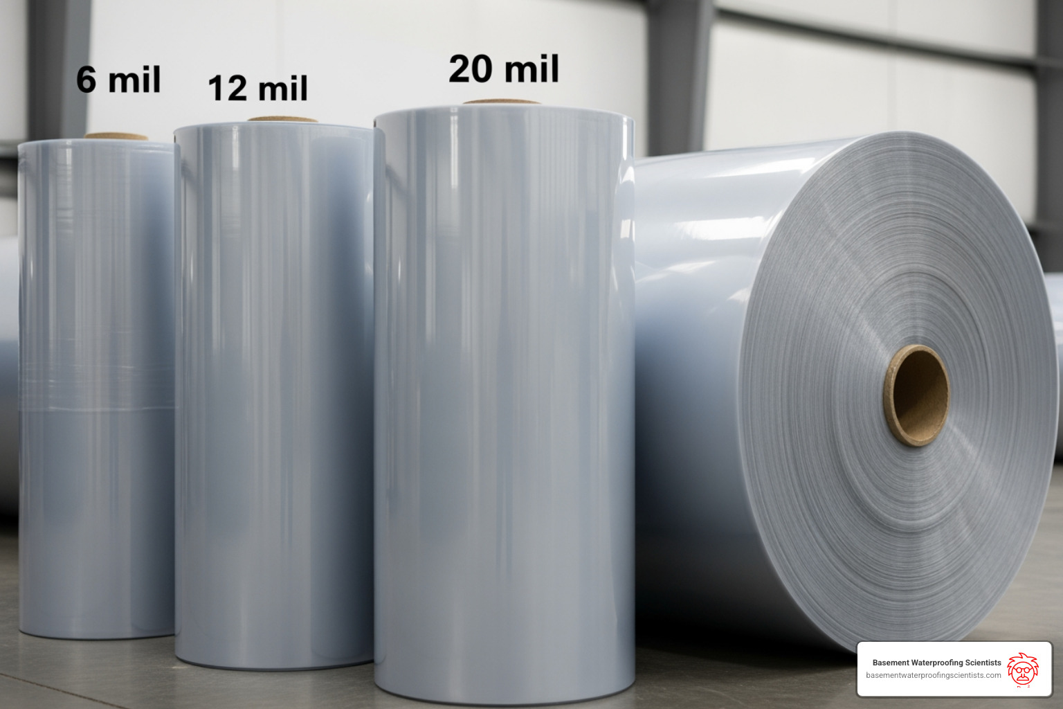 rolls of different vapor barrier thicknesses (6 mil, 12 mil, 20 mil) - basement crawl space vapor barrier