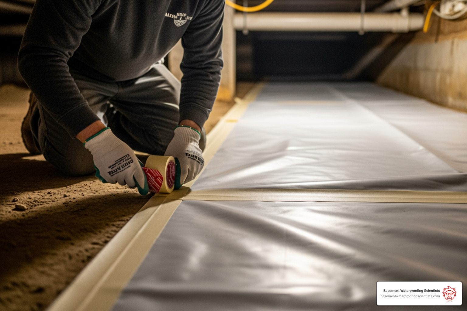 a person taping the seams of a vapor barrier in a crawl space - basement crawl space vapor barrier