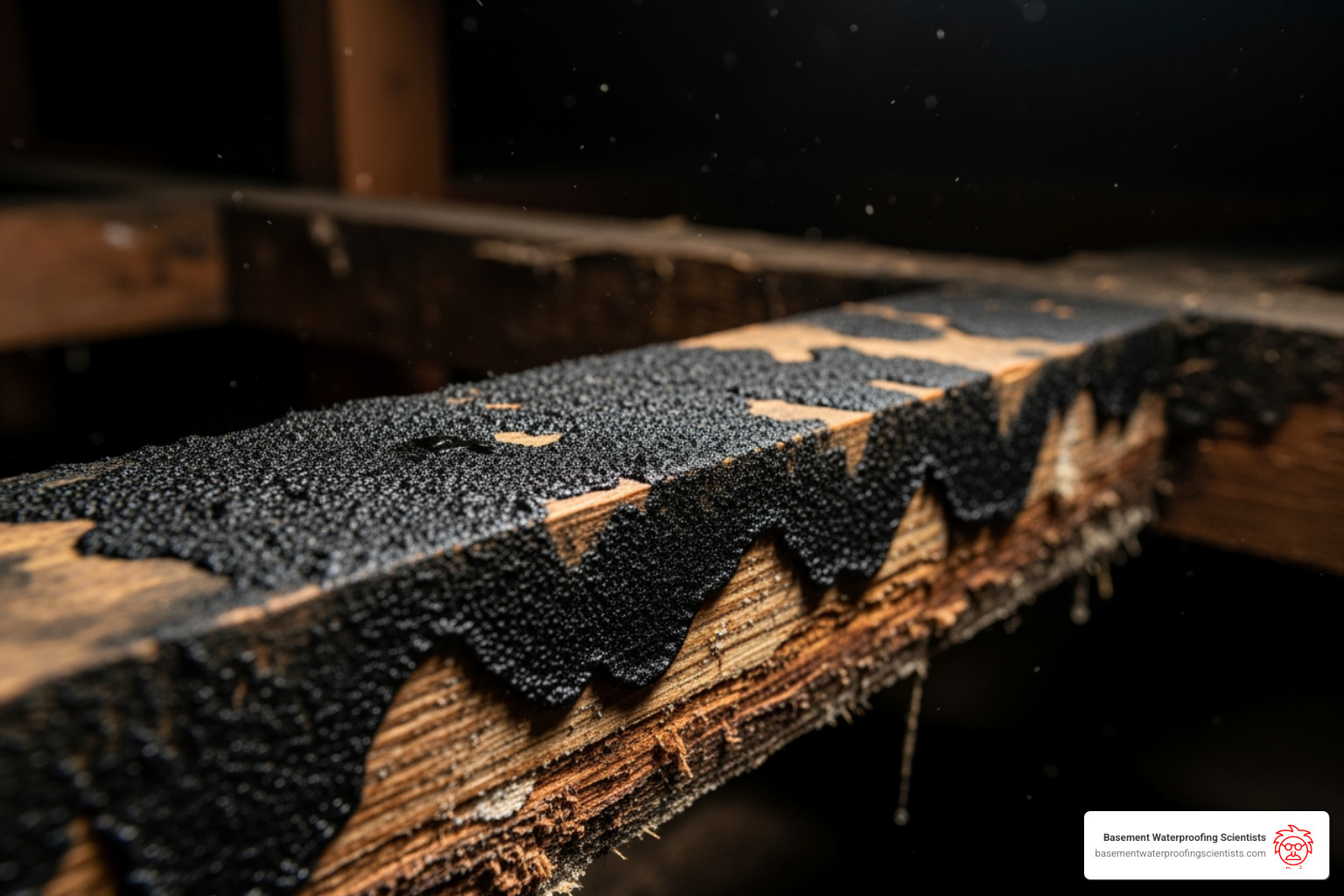 mold growing on a floor joist in a dark crawl space - basement crawl space vapor barrier