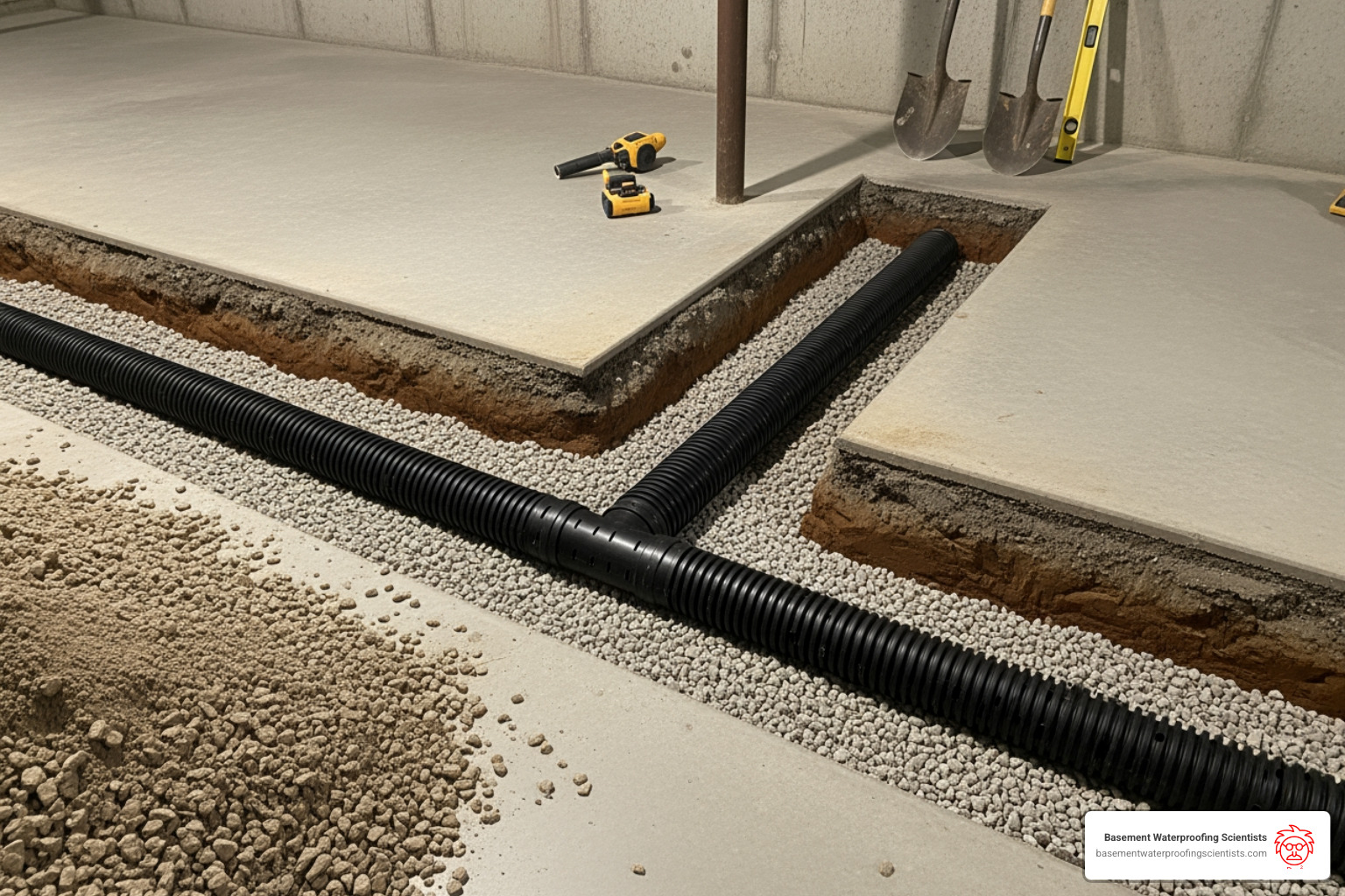 professionally installed interior drainage system before new concrete is poured - water seeping through basement floor cracks professionally installed interior drainage system before new concrete is poured - water seeping through basement floor cracks
