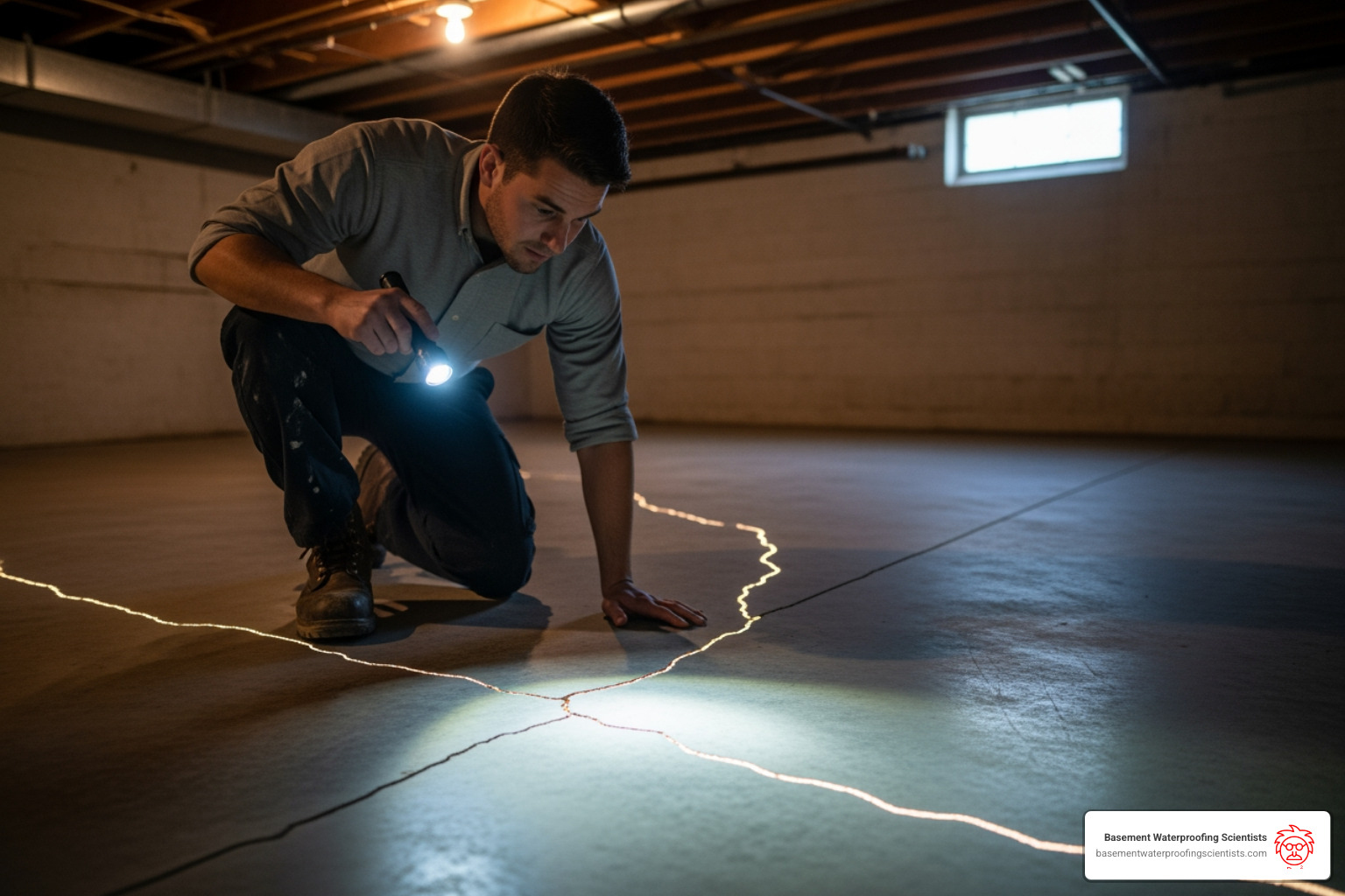 professional inspecting a basement floor crack - water seeping through basement floor cracks professional inspecting a basement floor crack - water seeping through basement floor cracks