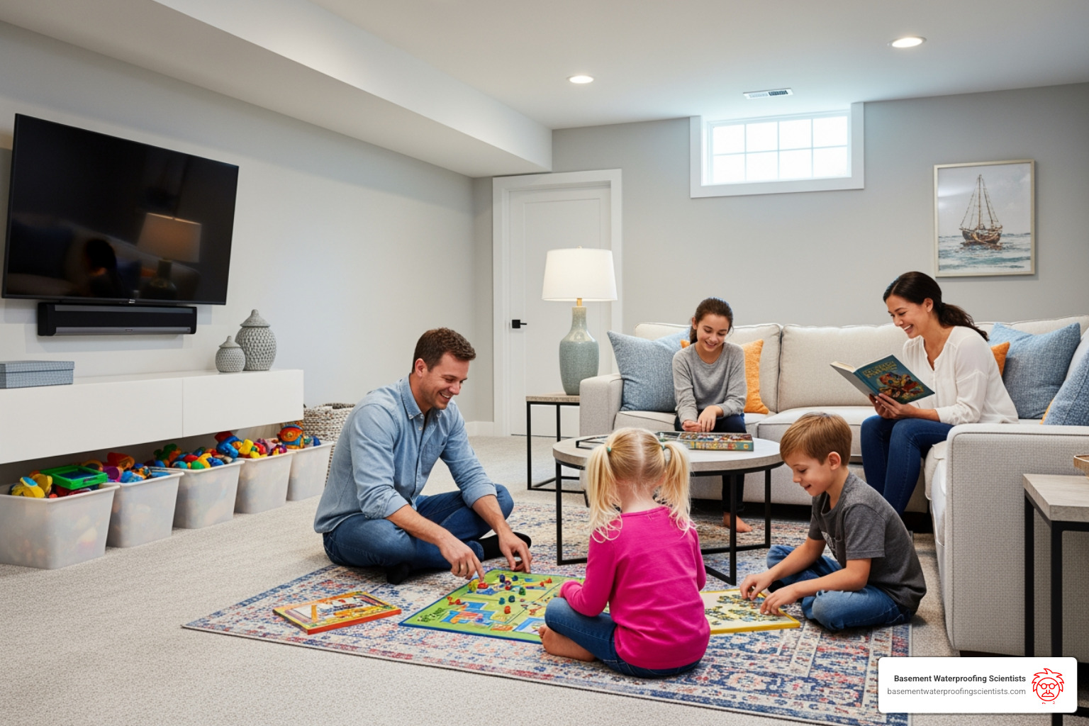 happy family in their finished, dry basement - basement cinder block wall leak repair from the outside