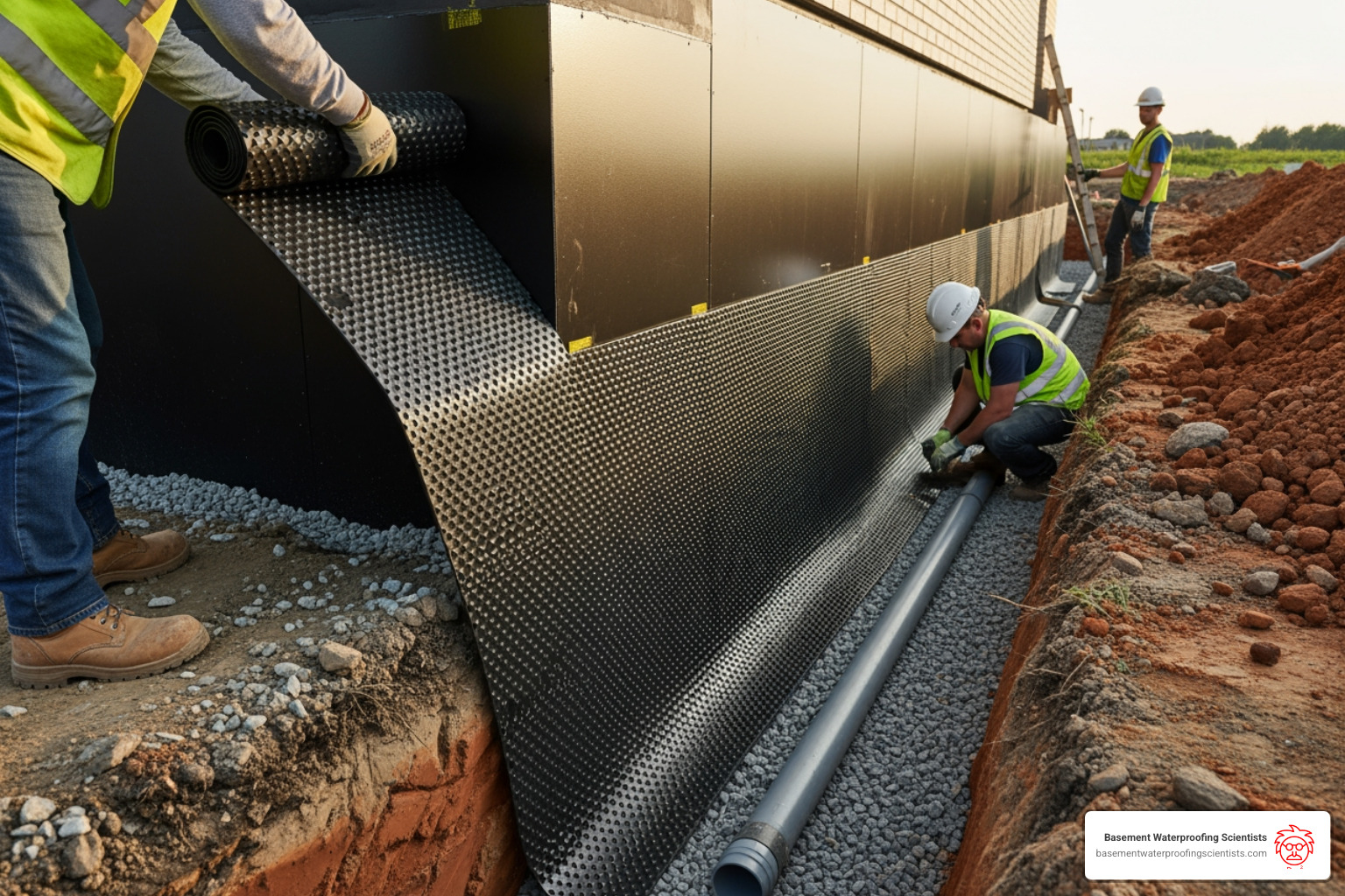 dimple board and exterior French drain being installed - basement cinder block wall leak repair from the outside