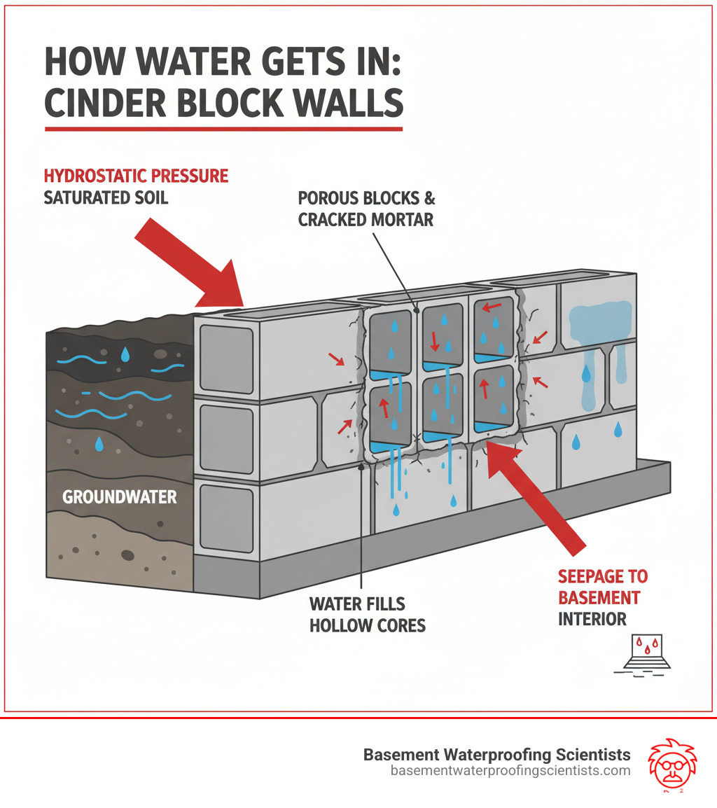Infographic showing how water intrusion works in cinder block walls: groundwater creates hydrostatic pressure in saturated soil, forcing water through porous cinder blocks and deteriorated mortar joints into hollow cores, then seeping through to the basement interior - basement cinder block wall leak repair from the outside infographic 
