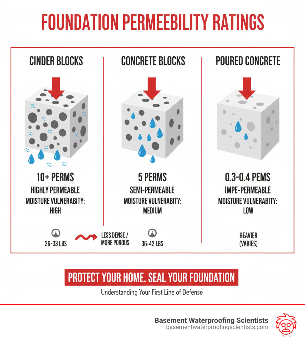 Infographic comparing permeability ratings: Cinder blocks at 10+ perms (highly permeable) shown with large pores, concrete blocks at 5 perms (semi-permeable) with medium pores, and poured concrete at 0.3-0.4 perms (impermeable) with minimal pores. Includes visual representation of water molecules passing through each material type and weight comparisons showing cinder block 26-33 lbs, concrete block 36-42 lbs, with arrows indicating moisture vulnerability levels. - cinder block foundation sealer infographic 