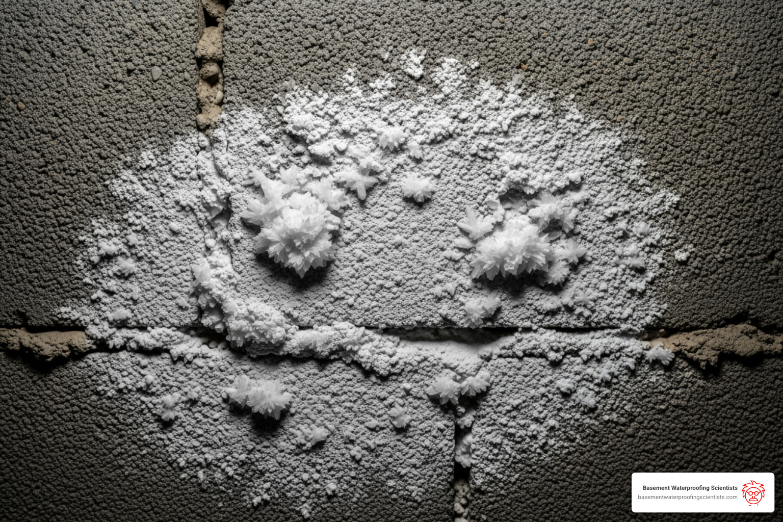 close up efflorescence - cinder block foundation sealer