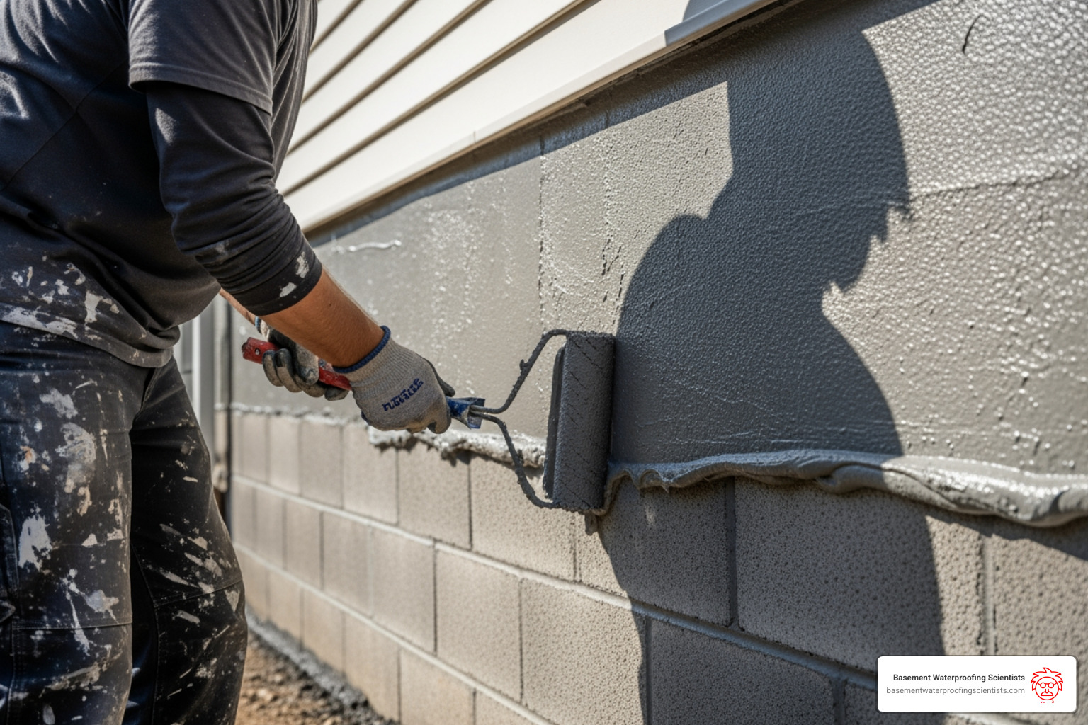 thick elastomeric coating being applied to an exterior foundation wall - cinder block foundation sealer