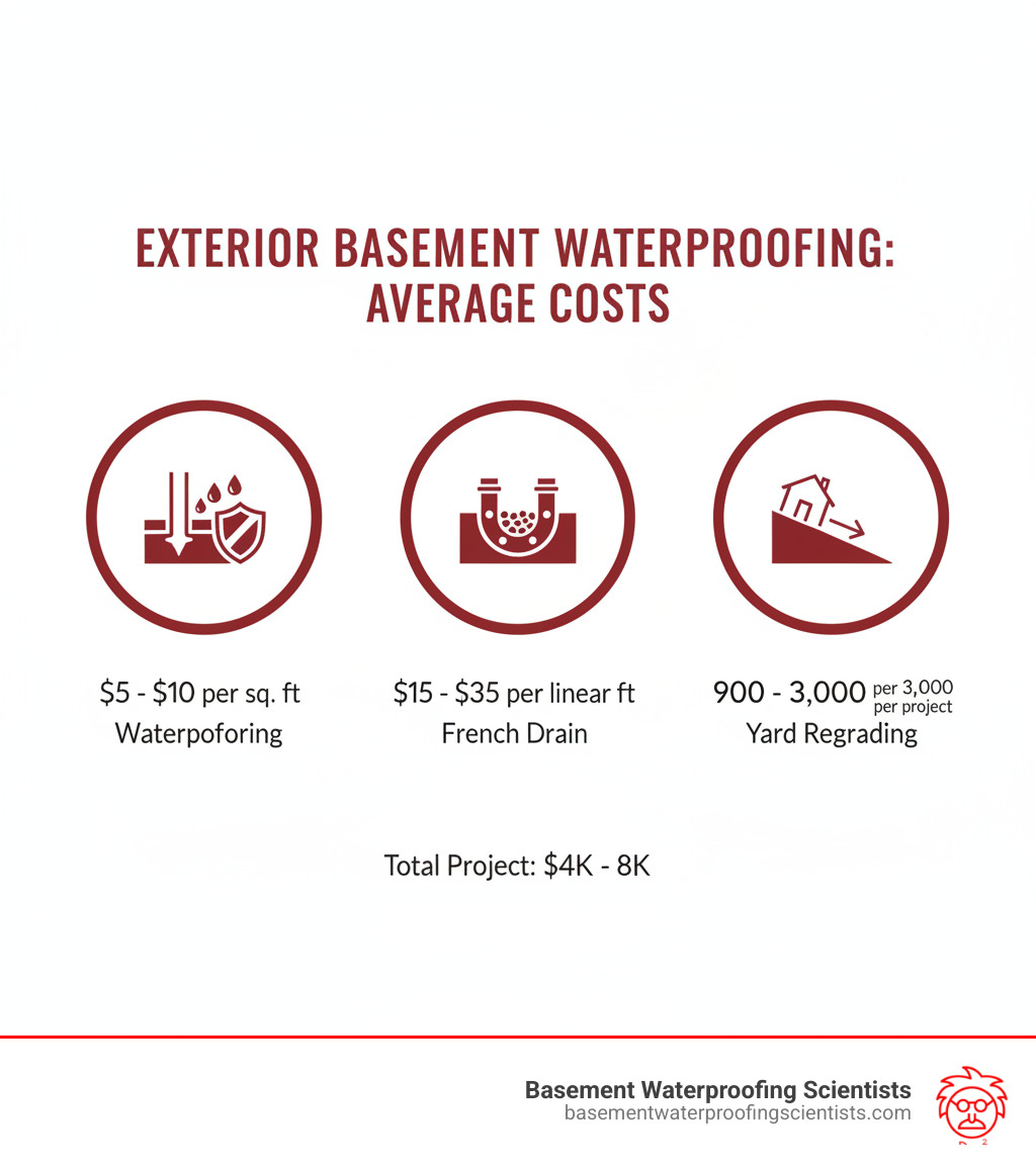 Average costs for exterior basement waterproofing - basement cinder block wall leak repair from the outside infographic 