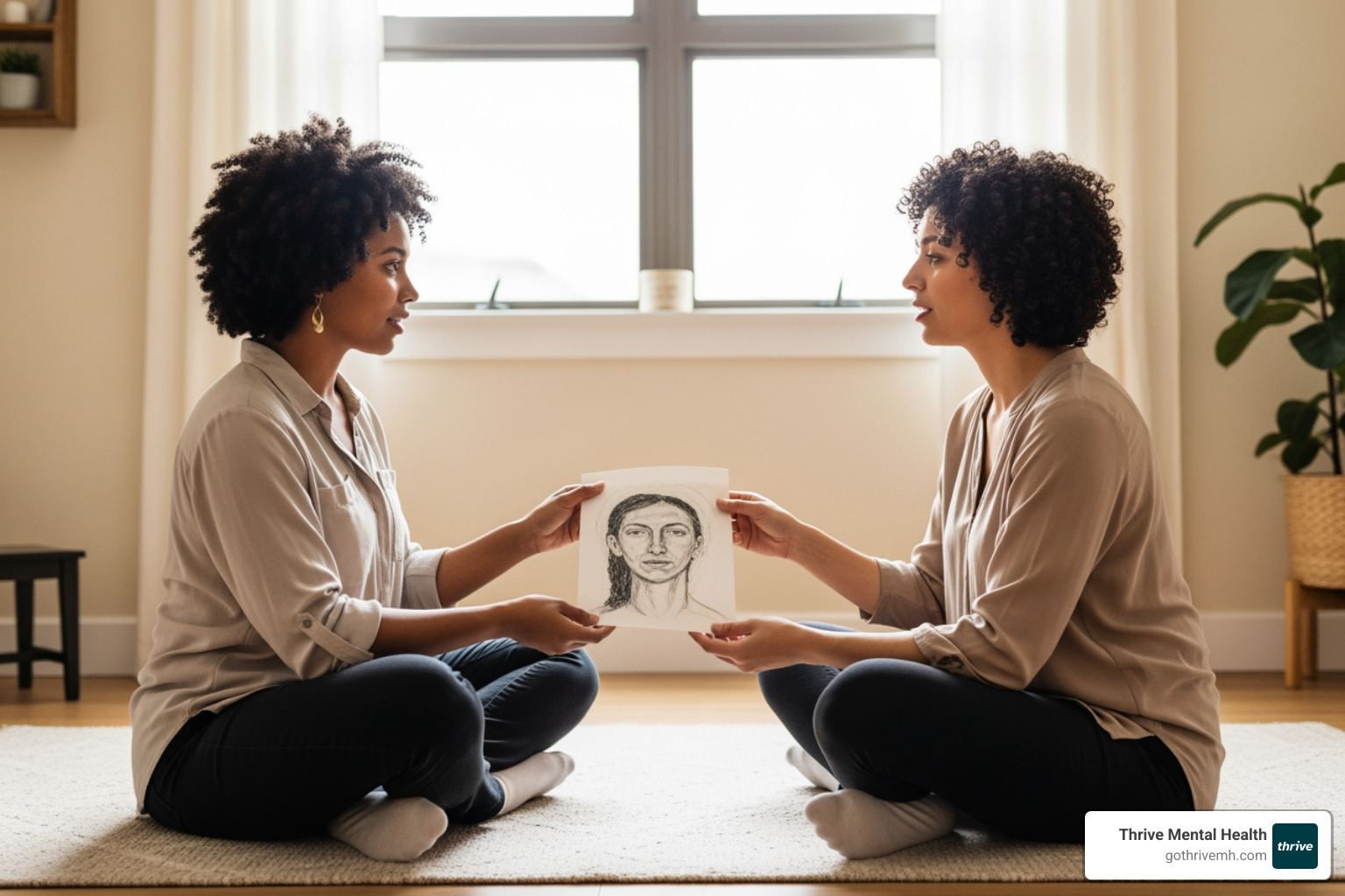 Therapist and client discussing artwork in a session - Find a program that focuses on the therapy of art for mental wellness.