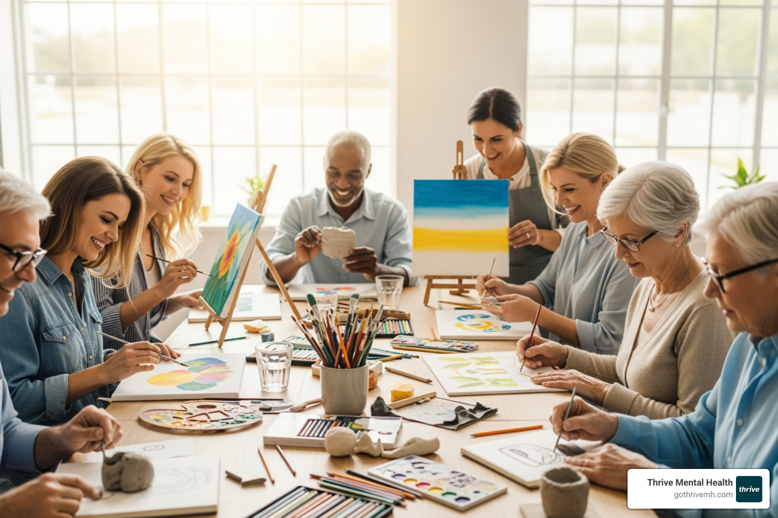 Diverse group of people participating in a group art therapy session - Find a program that focuses on the therapy of art for mental wellness.