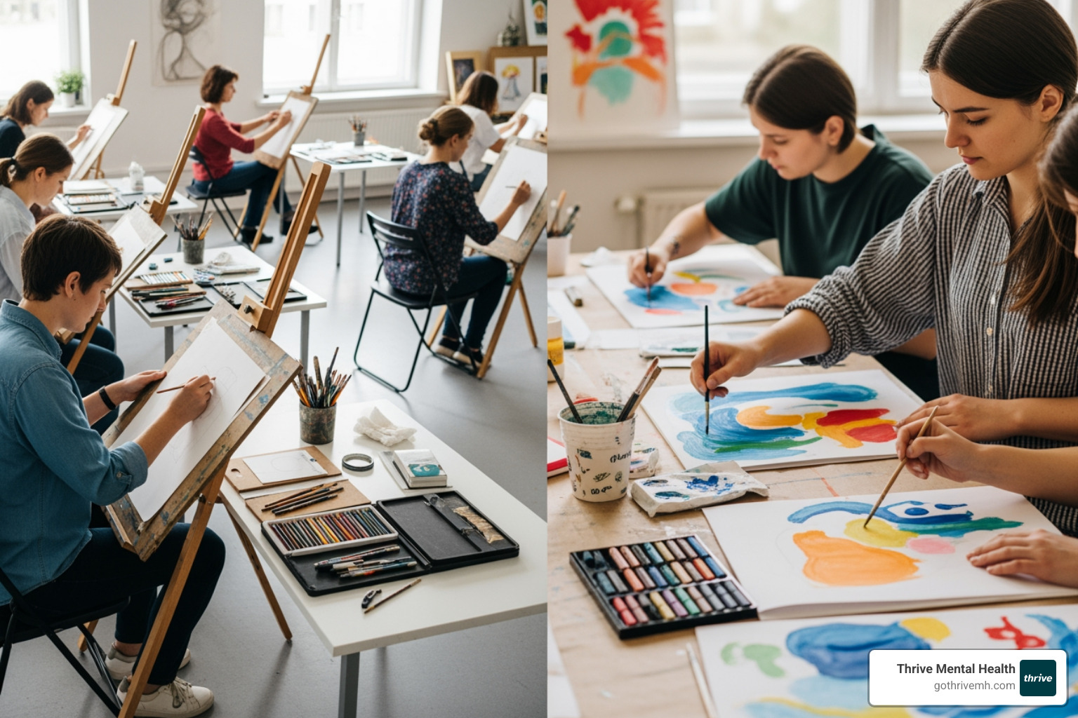 Split screen: one side a structured art class, the other a more free-form, expressive art therapy session - Find a program that focuses on the therapy of art for mental wellness.