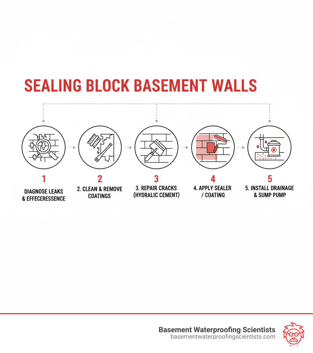Step-by-step infographic showing the complete process of sealing block basement walls: 1) Diagnosing leaks and checking for efflorescence, 2) Cleaning walls and removing old coatings, 3) Repairing cracks with hydraulic cement, 4) Applying penetrating sealer or coating, 5) Installing drainage system with sump pump - sealing block basement walls infographic Step-by-step infographic showing the complete process of sealing block basement walls: 1) Diagnosing leaks and checking for efflorescence, 2) Cleaning walls and removing old coatings, 3) Repairing cracks with hydraulic cement, 4) Applying penetrating sealer or coating, 5) Installing drainage system with sump pump - sealing block basement walls infographic