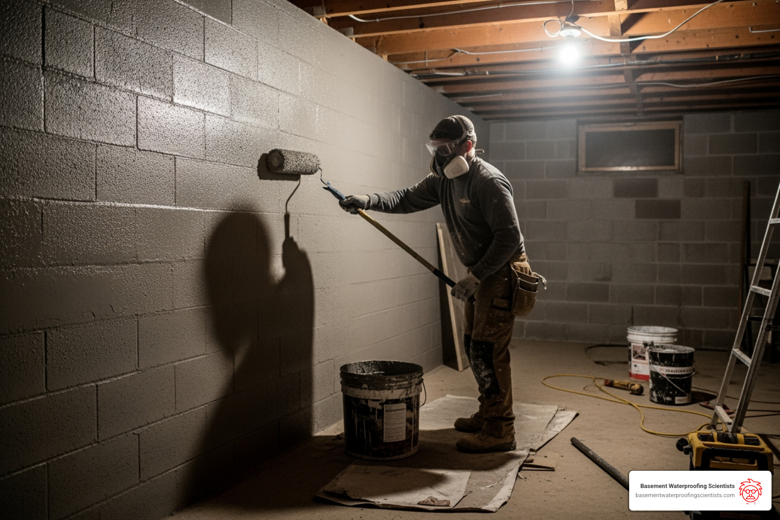 person using a thick-nap roller to apply a waterproofing coating - sealing block basement walls person using a thick-nap roller to apply a waterproofing coating - sealing block basement walls