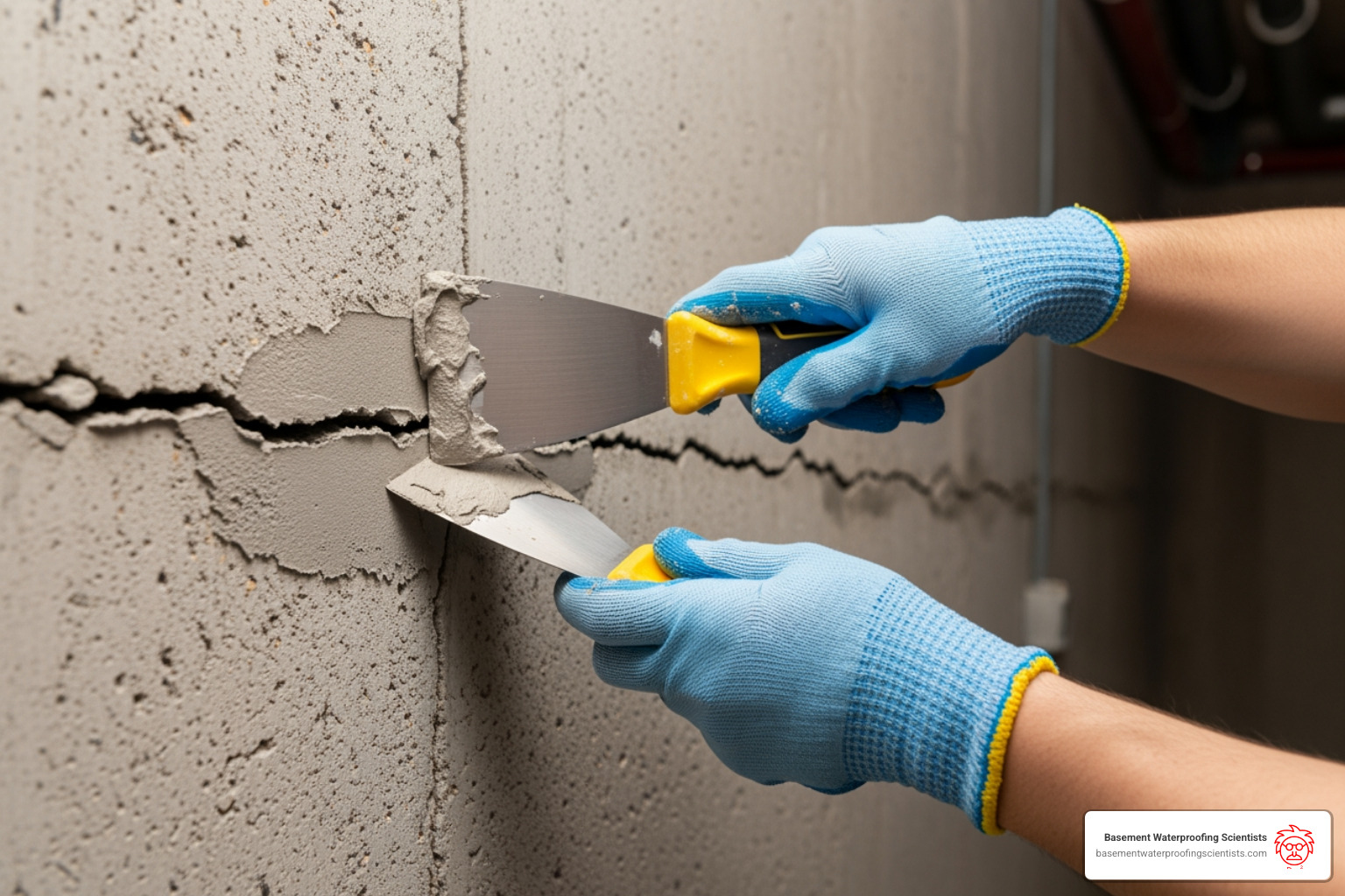 person using a putty knife to apply hydraulic cement to a crack - sealing block basement walls person using a putty knife to apply hydraulic cement to a crack - sealing block basement walls