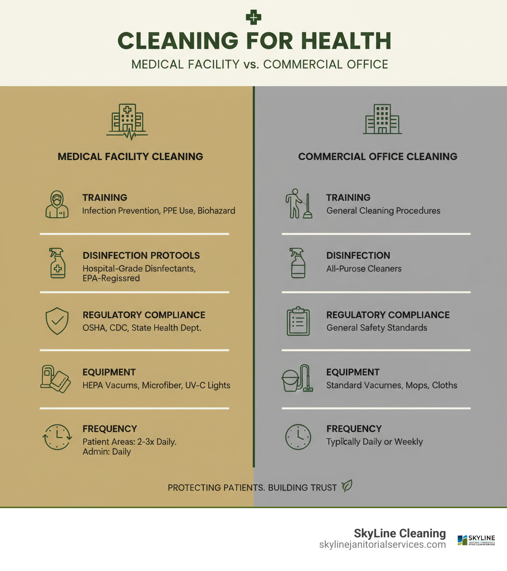 infographic explaining the key differences between standard commercial cleaning and specialized medical facility cleaning, including training requirements, disinfection protocols, regulatory compliance, equipment used, and frequency of service for various medical office areas - Medical office cleaning infographic 