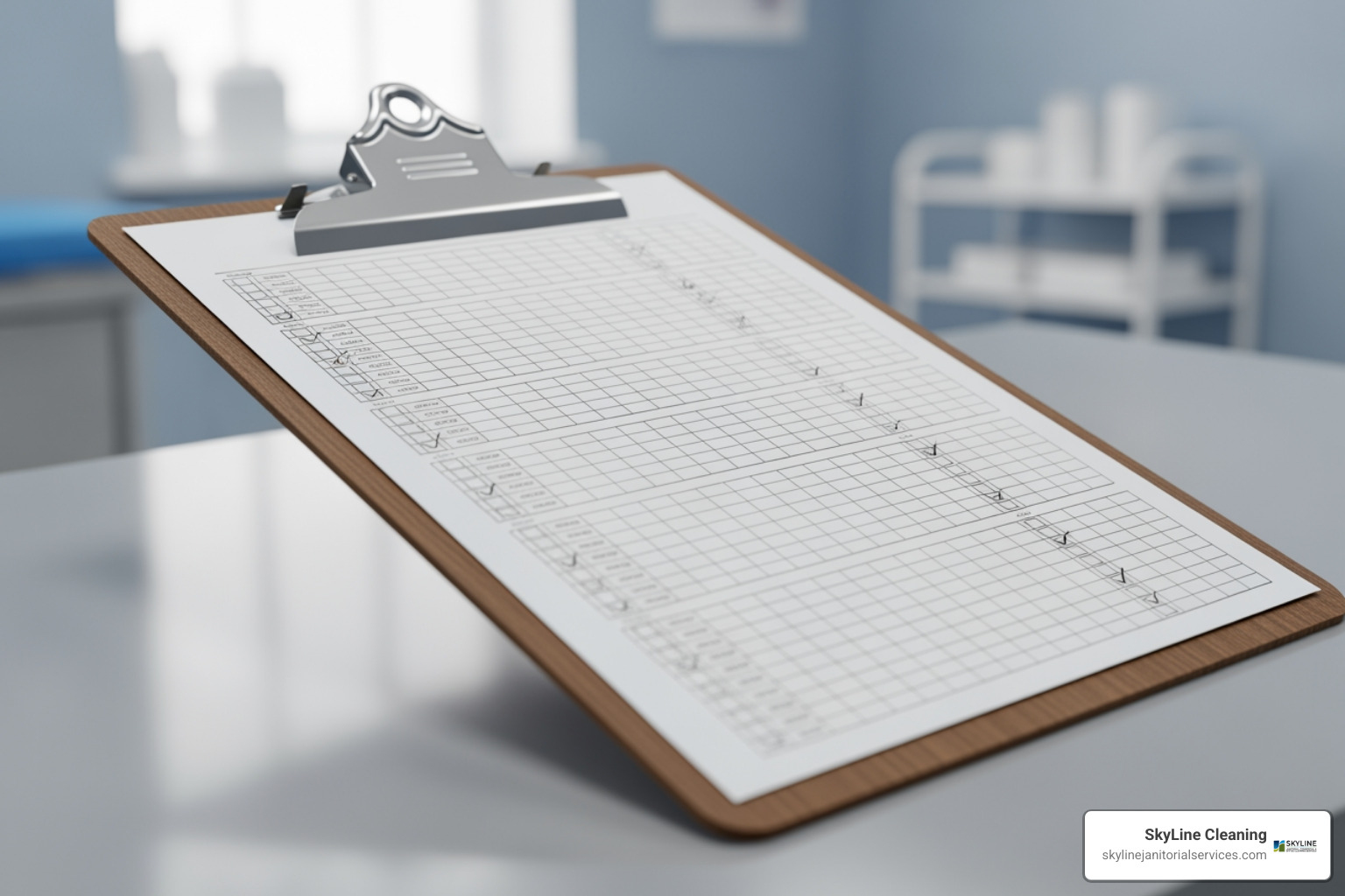 detailed medical office cleaning checklist on a clipboard - Medical office cleaning