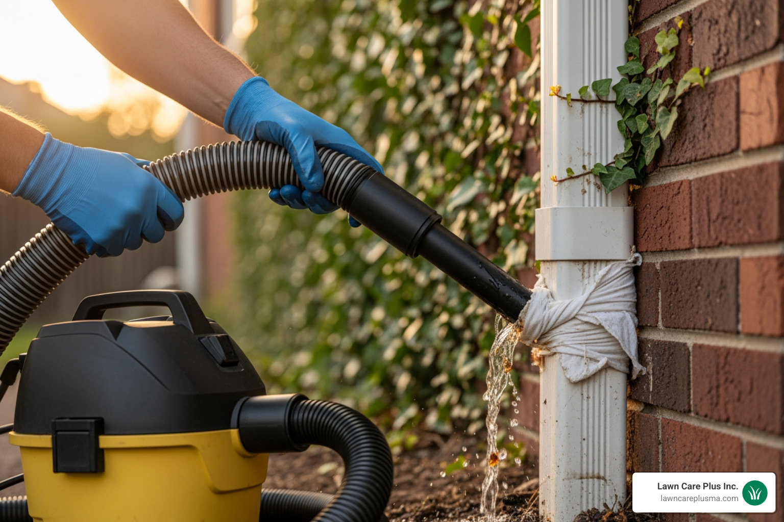 Image of a homeowner using a wet/dry vac on an AC drain line - ac drainage solutions