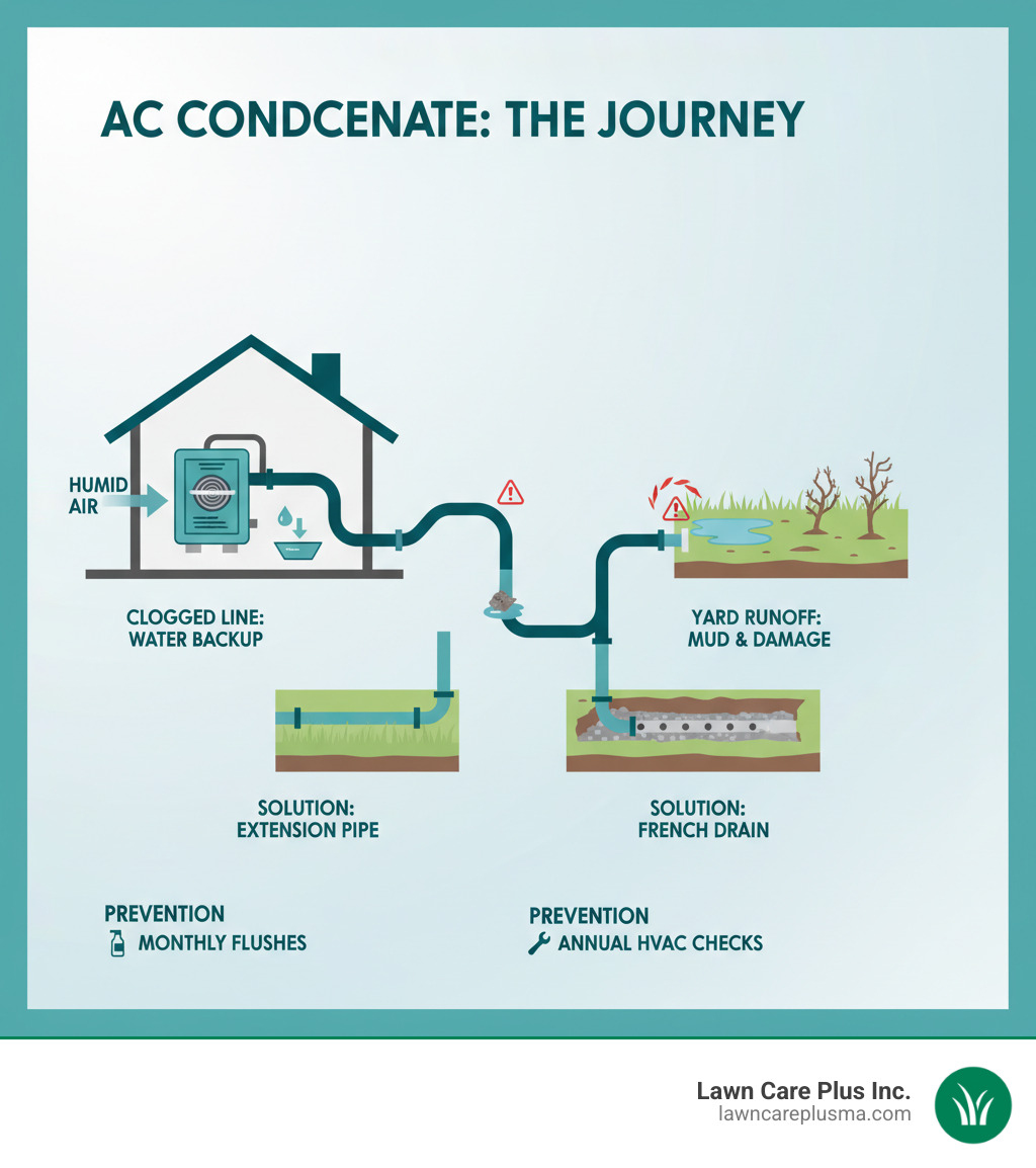 Infographic explaining the journey of condensation from the indoor air handler to the outside drain line, with common problem points highlighted including clogged lines causing water backup, yard runoff issues, and proper solutions like extension pipes and French drains - ac drainage solutions infographic 