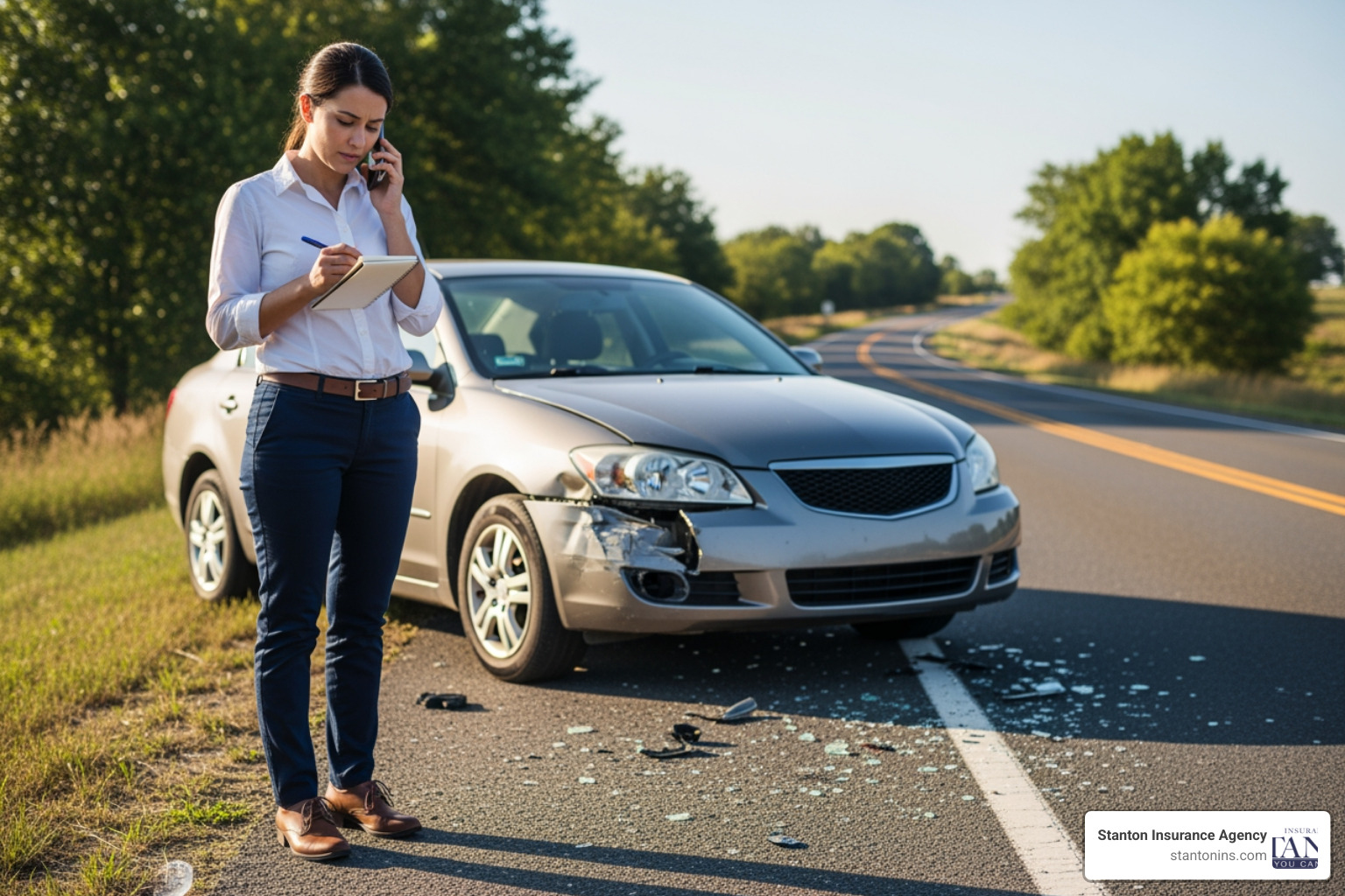 A driver on the phone by the side of the road, taking notes after an accident, with a damaged car in the background. - what is uninsured motorist A driver on the phone by the side of the road, taking notes after an accident, with a damaged car in the background. - what is uninsured motorist