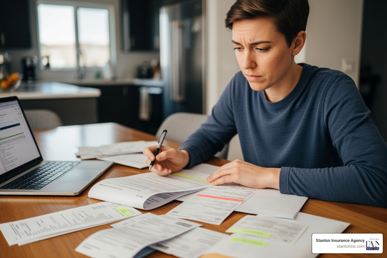 A person reviewing medical bills at a kitchen table, looking concerned. - what is uninsured motorist A person reviewing medical bills at a kitchen table, looking concerned. - what is uninsured motorist