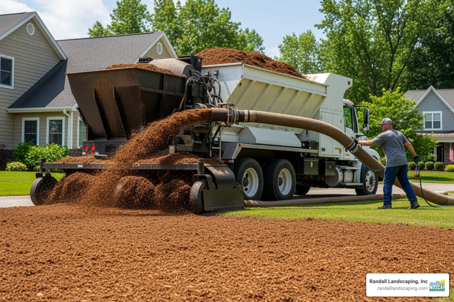 mulch blower truck in action - blow in mulch near me
