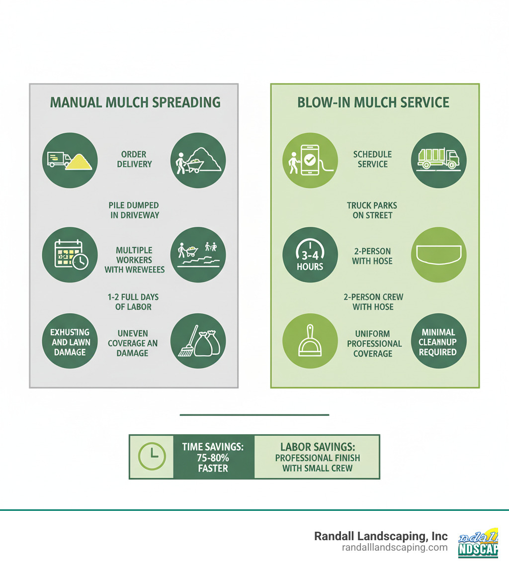 Infographic comparing manual mulch spreading vs blow-in mulch service: Manual method shows 1) Order delivery 2) Pile dumped in driveway 3) Multiple workers with wheelbarrows 4) 1-2 full days of labor 5) Uneven coverage and lawn damage 6) Exhausting cleanup. Blow-in method shows 1) Schedule service 2) Truck parks on street 3) 2-person crew with hose 4) 3-4 hours total time 5) Uniform professional coverage 6) Minimal cleanup required. Time savings: 75-80% faster. Labor savings: Professional finish with small crew. - blow in mulch near me infographic 