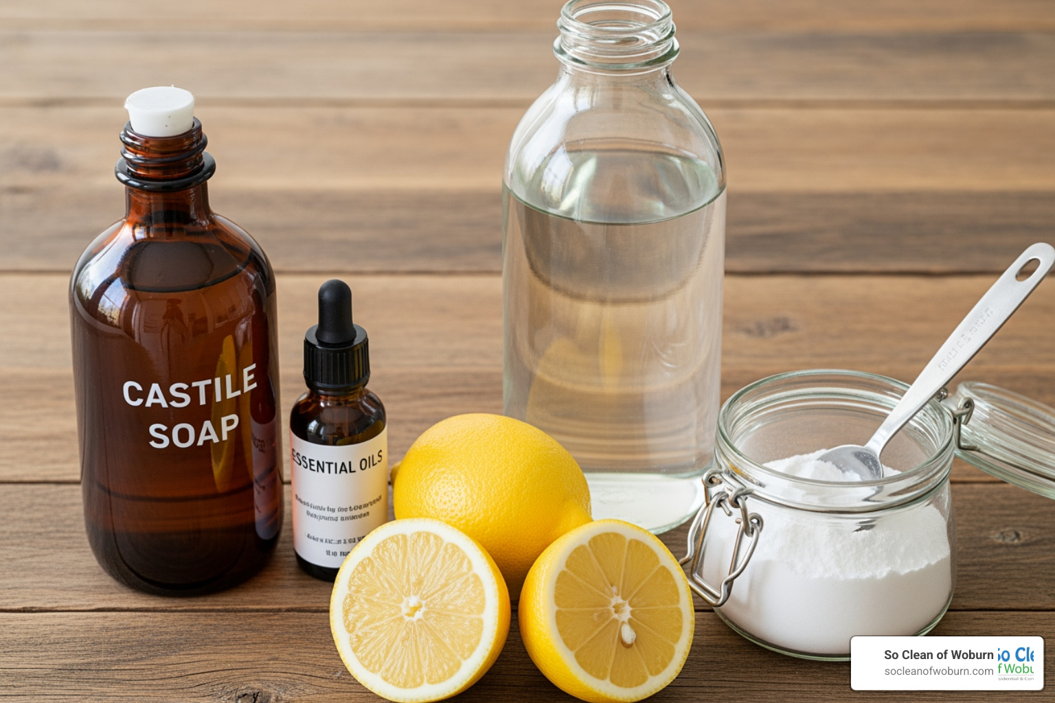 white vinegar, baking soda, lemons, castile soap, and essential oils arranged on a wooden surface. - natural home cleaning